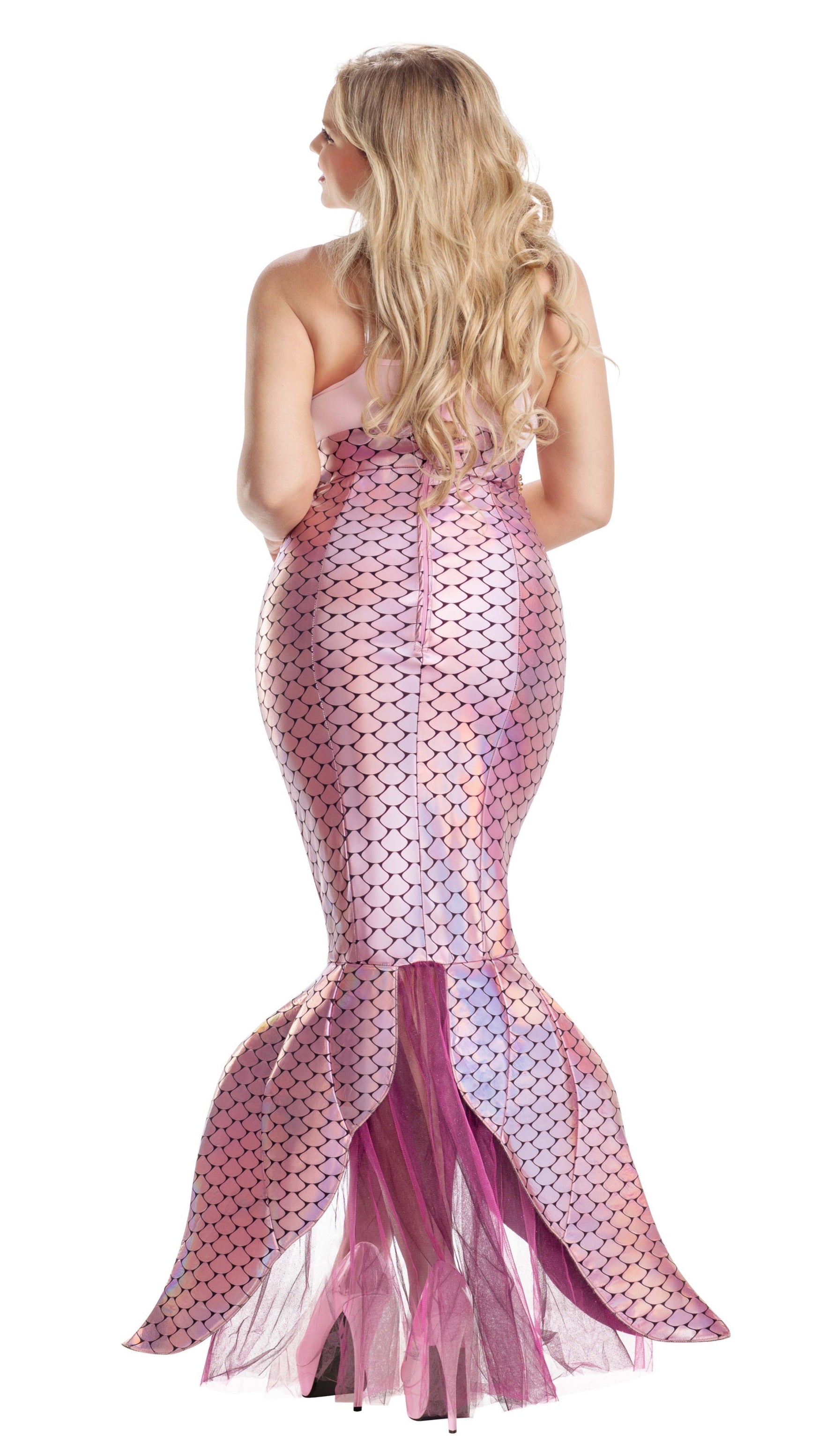 Woman wearing Plus Size Blushing Beauty Mermaid dress, featuring sequin embroidery, faux-pearls, and shell accents, showcasing its elegant haute couture design.
