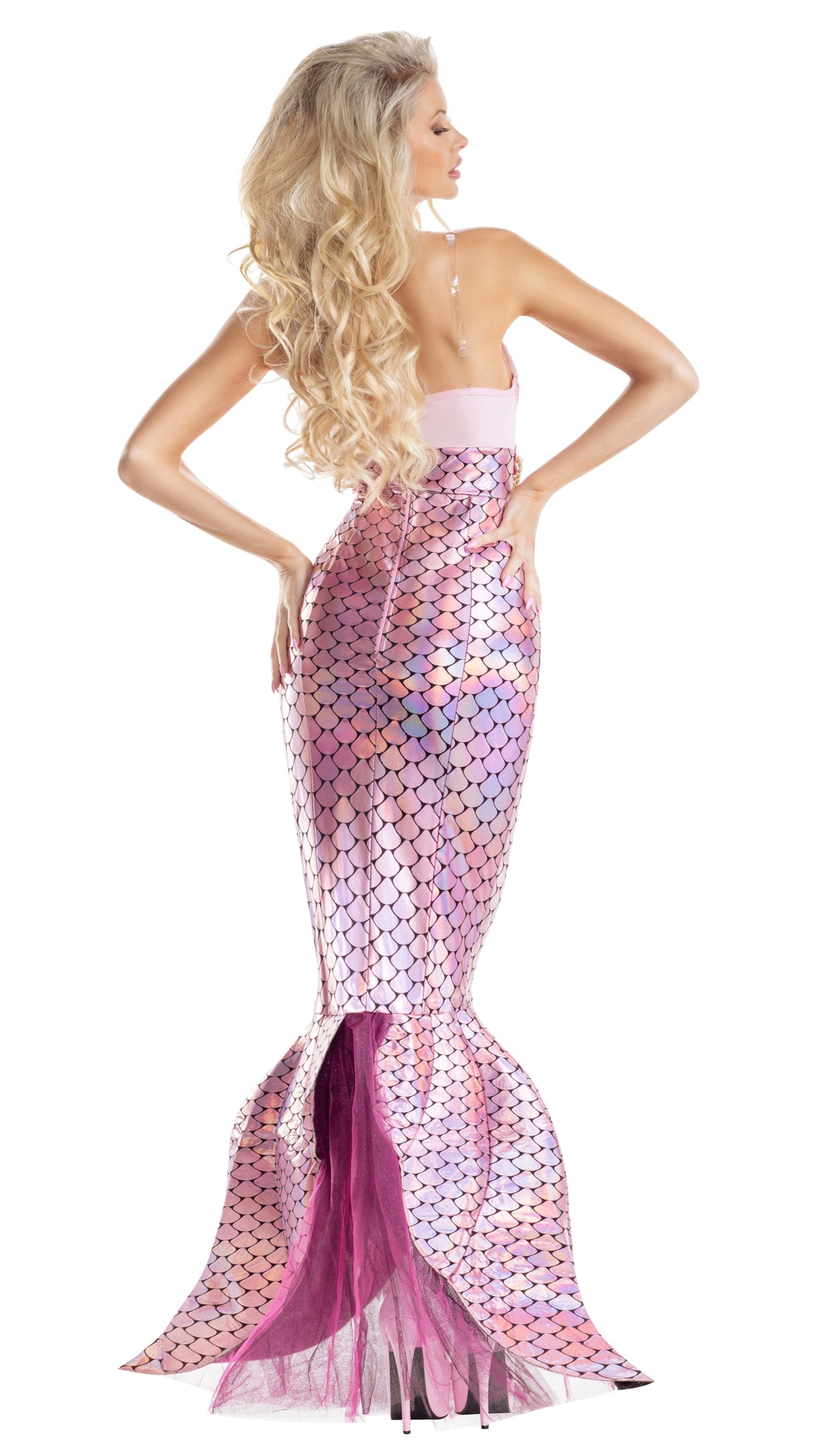 Woman modeling the Blushing Beauty Mermaid dress, featuring sequin embroidery, faux-pearls, and shell accents in a sleek mermaid style.