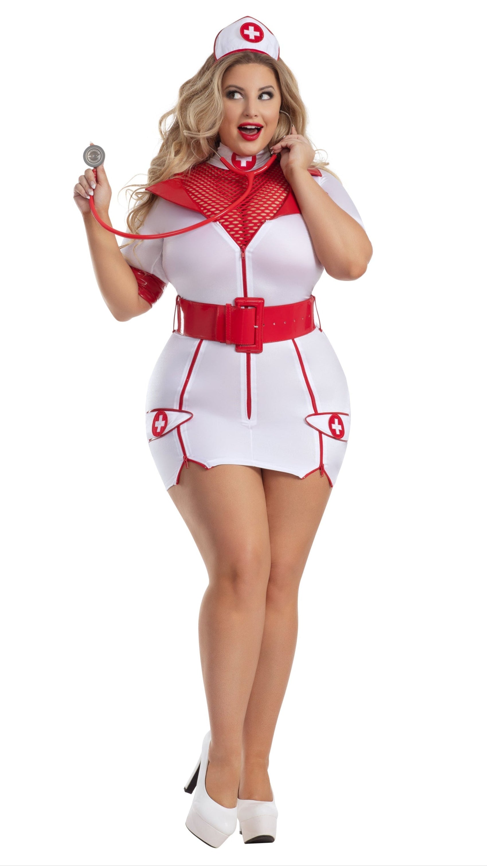 Close-up of Plus Size Zip-Up Nurse dress featuring zippers, vinyl accents, and a nurse patch, with matching fishnet crop top and hat.