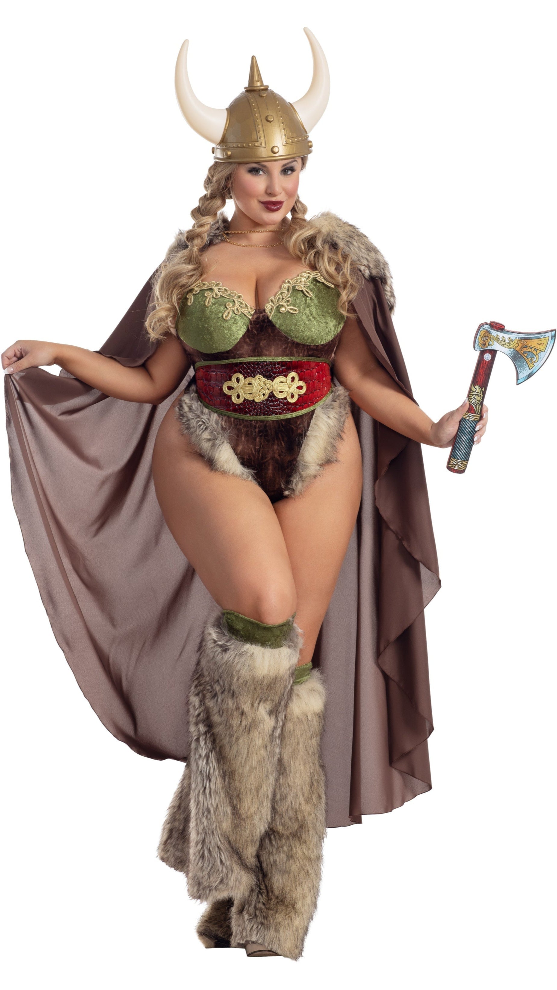 Woman wearing Plus Size Valhalla Honey velvet teddy with fur, golden appliqué accents, matching cape, and furry boot covers; headpiece not included.