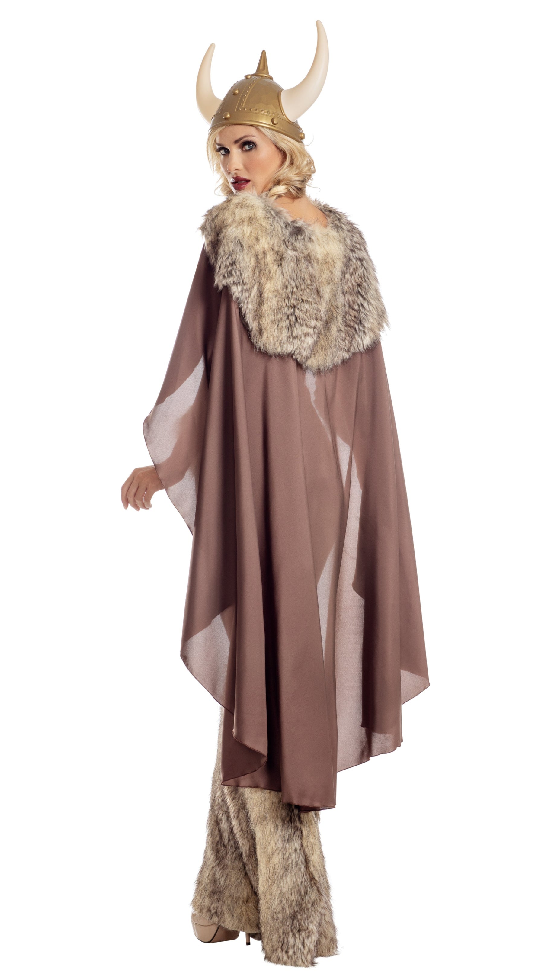 Valhalla Honey velvet teddy with fur accents, golden appliqué, matching cape, furry boot covers, and belt. Headpiece not included. Hand wash only.