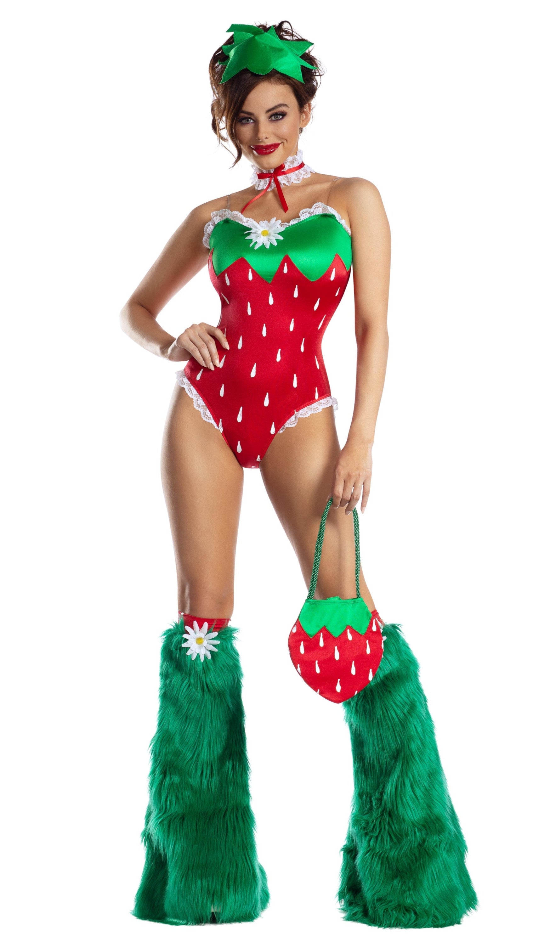 Sassy Strawberry teddy with lace and daisy details, paired with a matching headpiece, bag, and furry leg warmers, modeled by a woman.