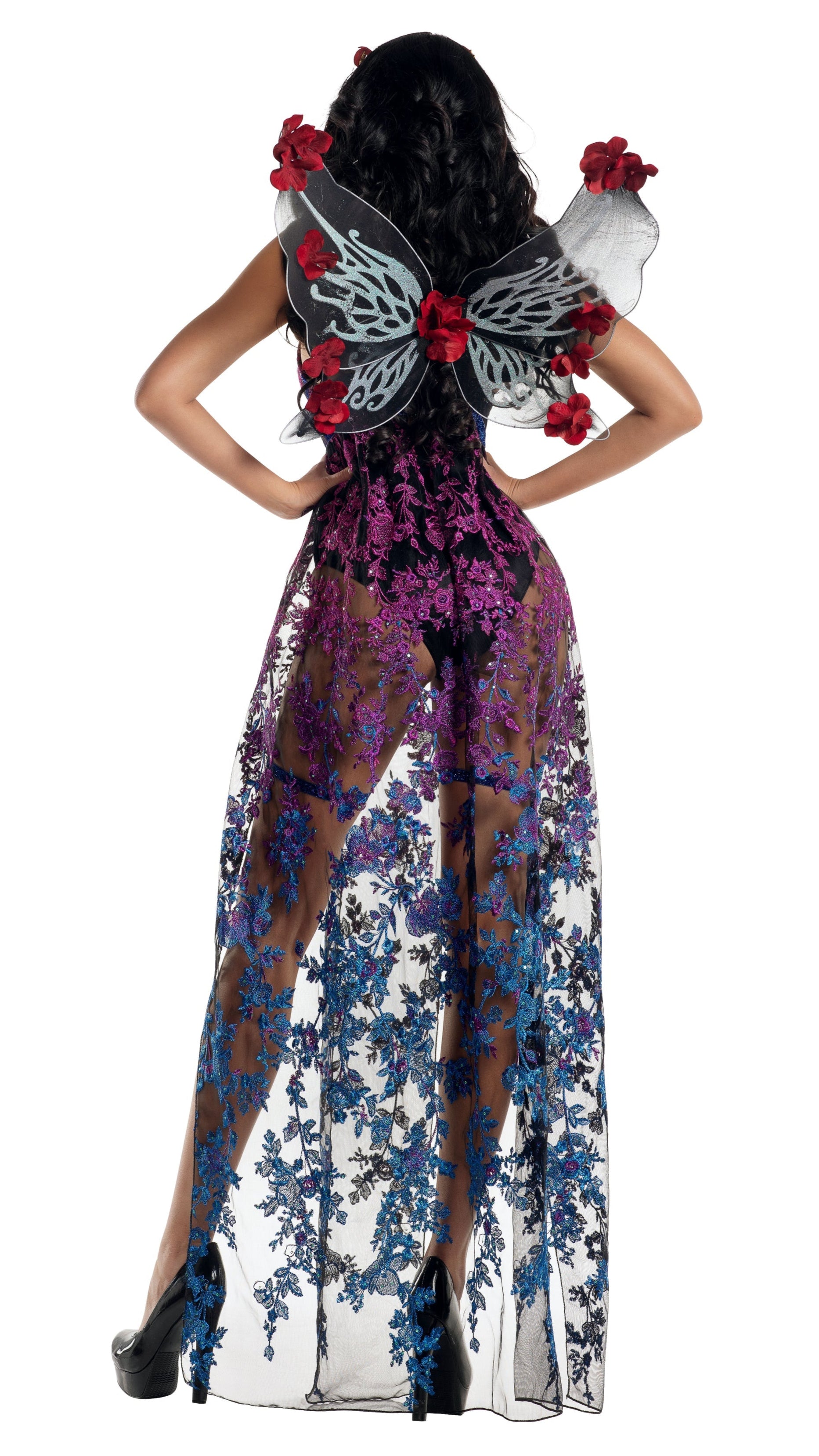 Dark Fairy Queen dress with lace, sparkly straps, faux flower details, and matching wings, showcased with a close-up of a black high-heeled shoe.