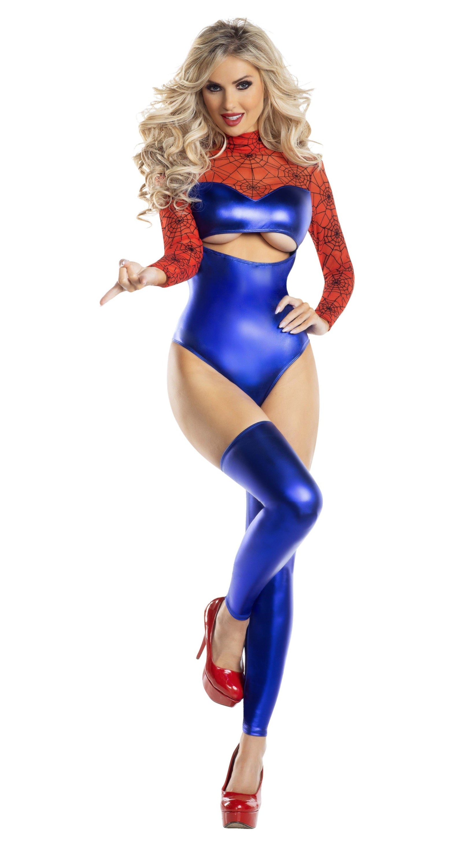 Spiderweb Hero bodysuit with underchest cut-out and red spiderweb mesh panels, worn by a woman, includes matching leg warmers.