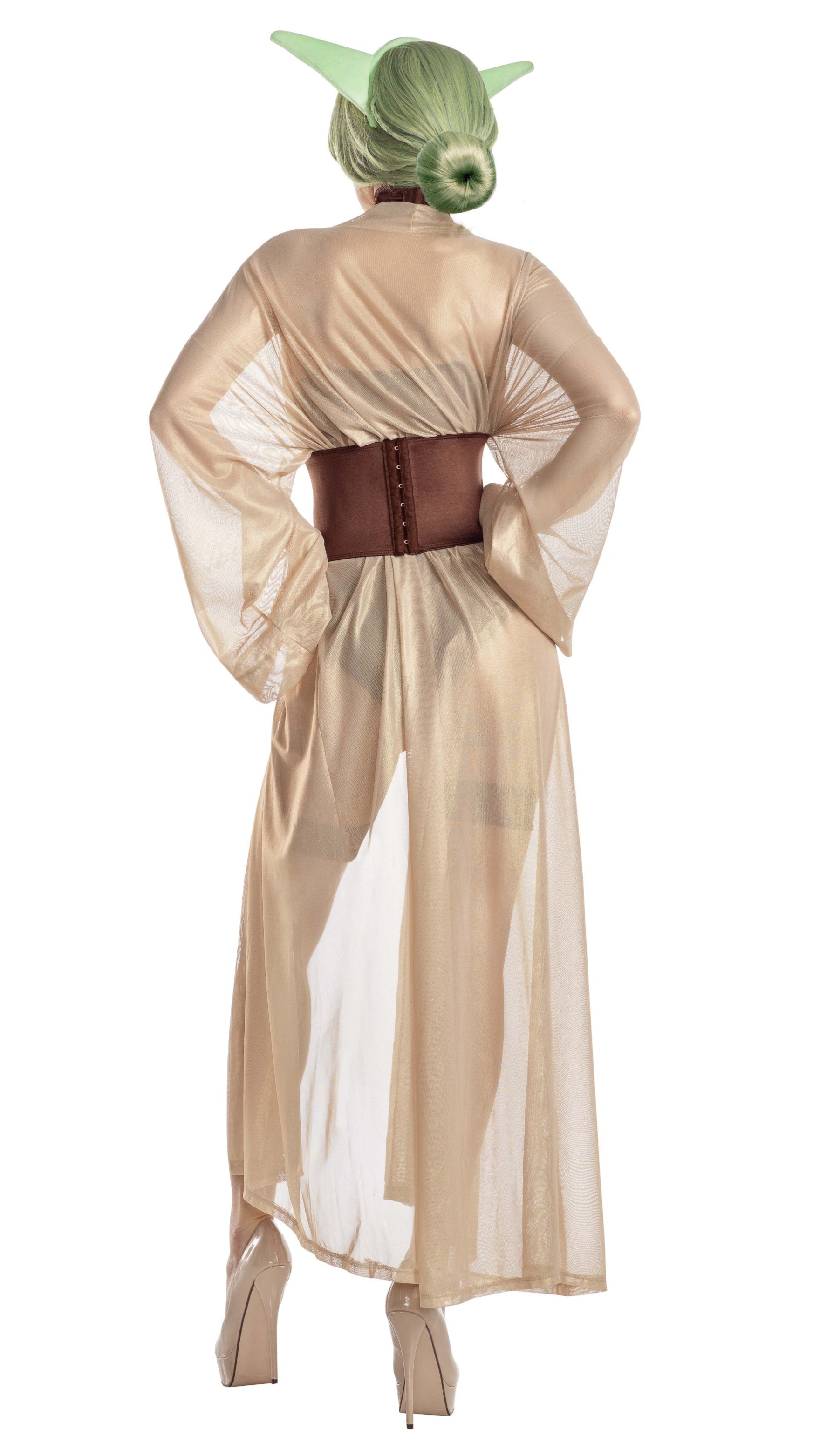 Close-up of Space Sage shimmer robe with matching teddy, belted neckpiece, garters, waist cincher, and headpiece, highlighting intricate costume design.