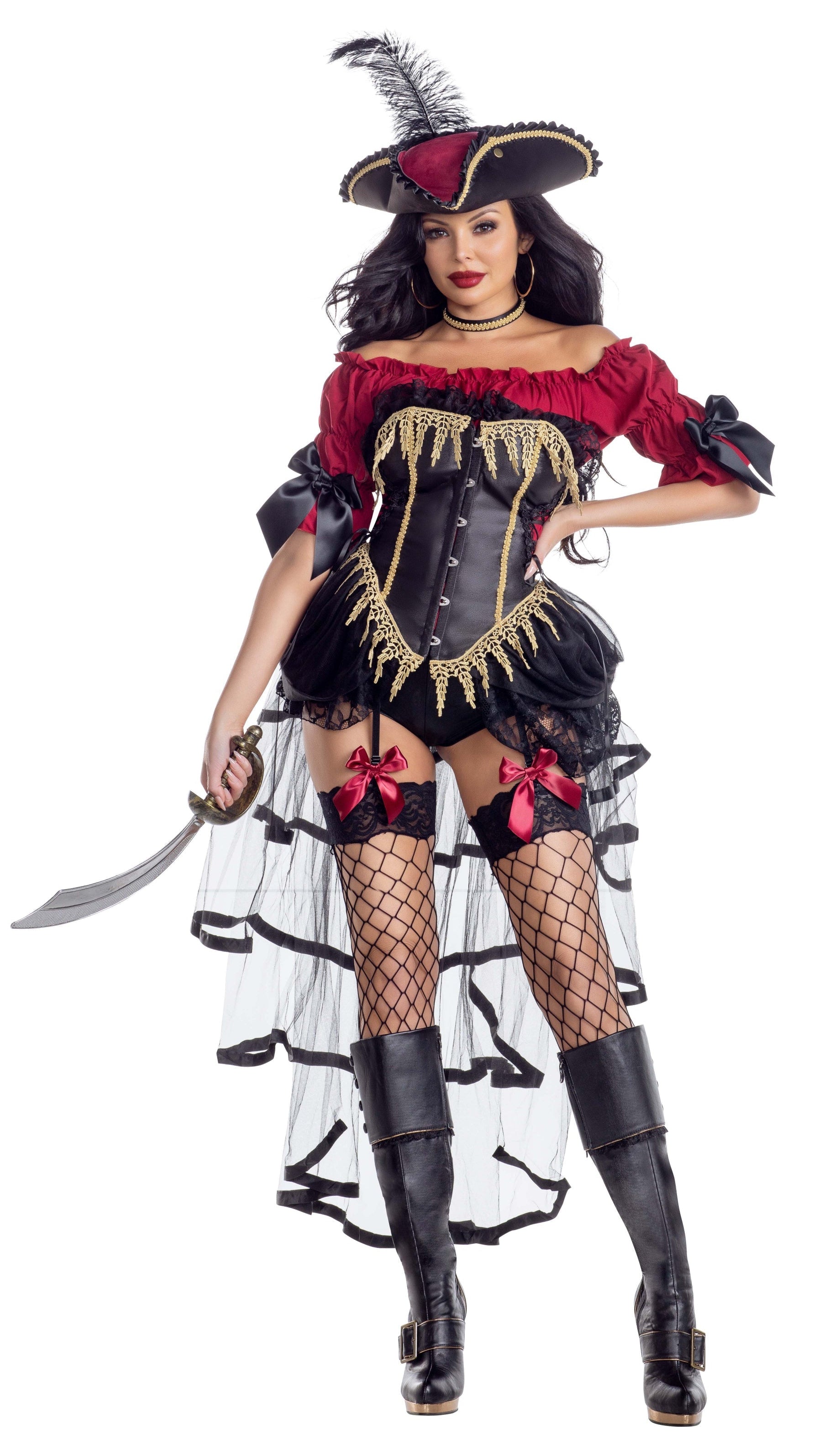 Woman in pirate costume featuring the Seven Seas Pirate bustier with gold trim, hip ruffles, burgundy blouse, black shorts, and tulle bustle.