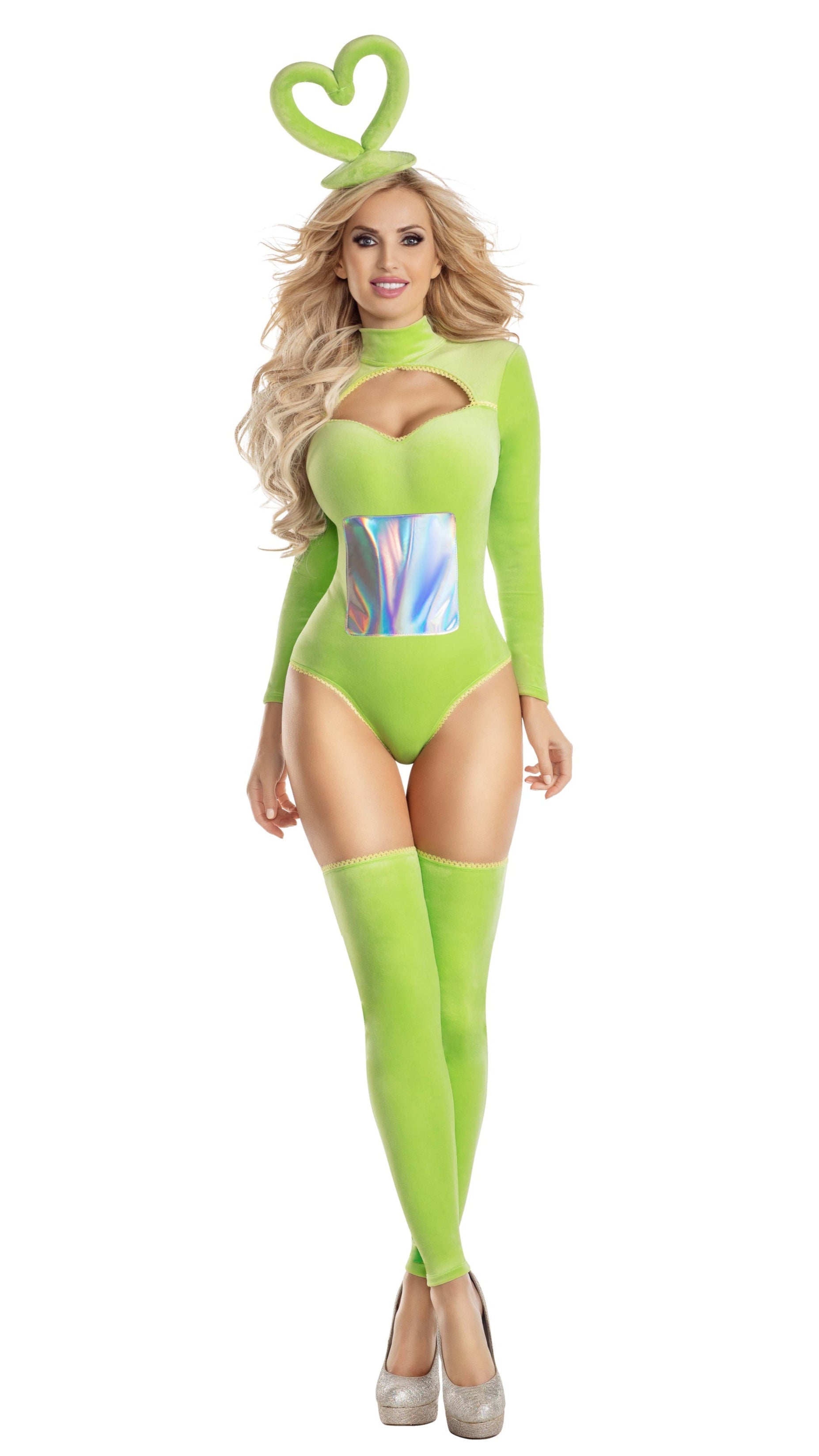 TV Baby Green velvet bodysuit with long sleeves, iridescent accents, and matching headpiece, showcased on a woman in a green leotard.