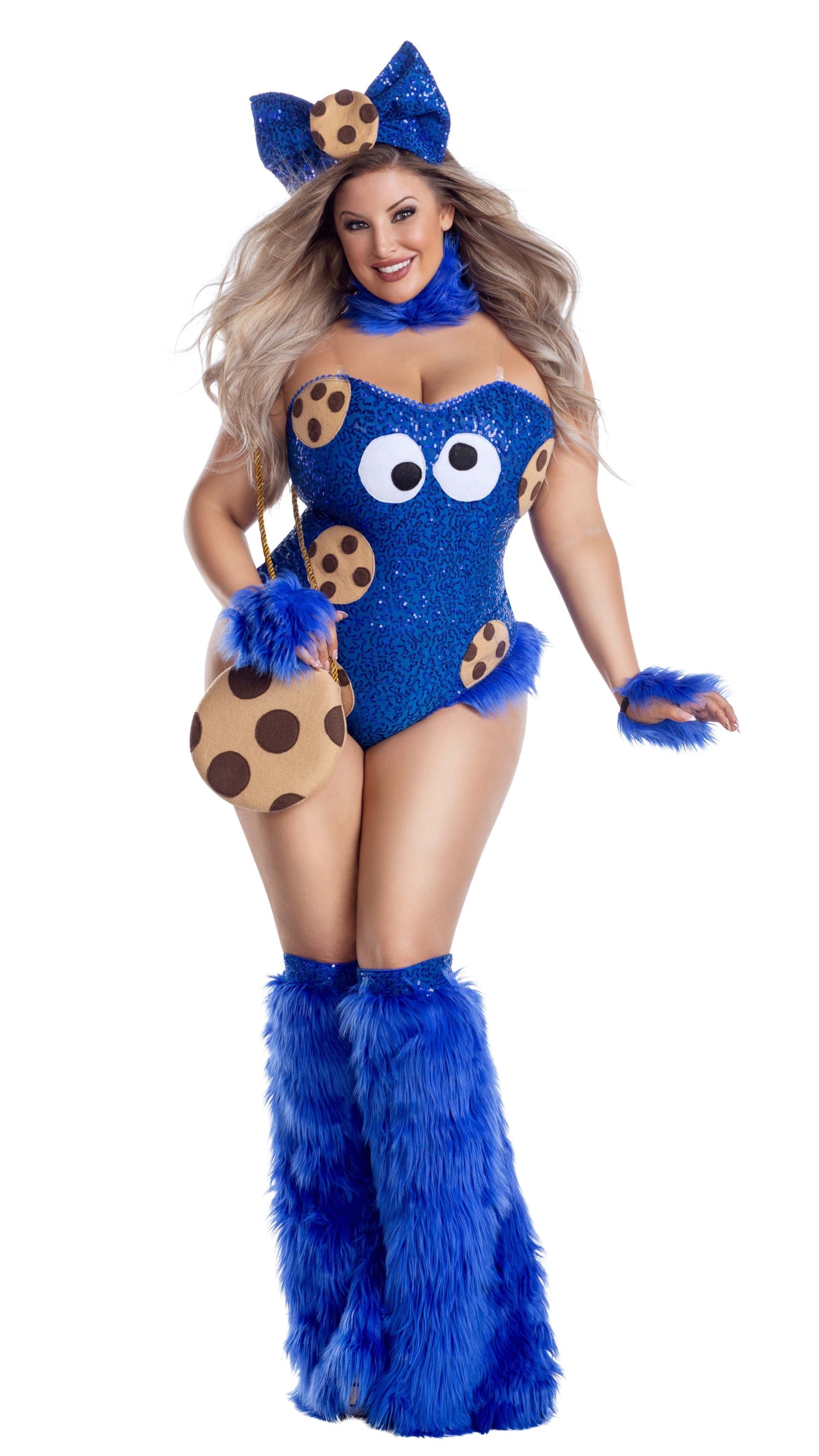A woman showcases the Plus Size Cookie Creature blue sequin teddy, complete with matching furry leg warmers, headpiece, neckpiece, wristlets, and a cookie purse.