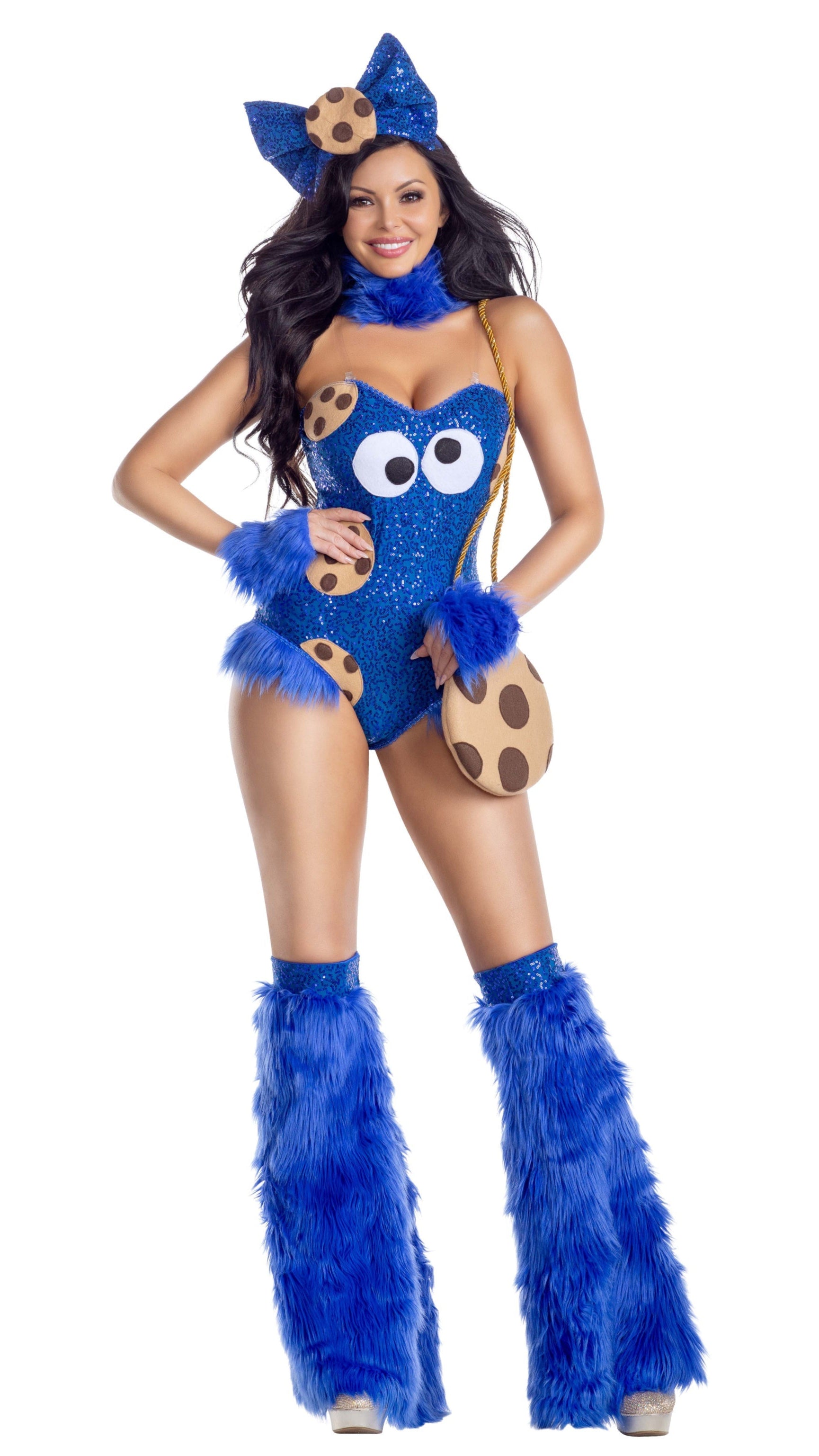 Woman wearing Cookie Creature blue sequin teddy with blue fur accents, cookie and eye details, paired with matching furry leg warmers and accessories.