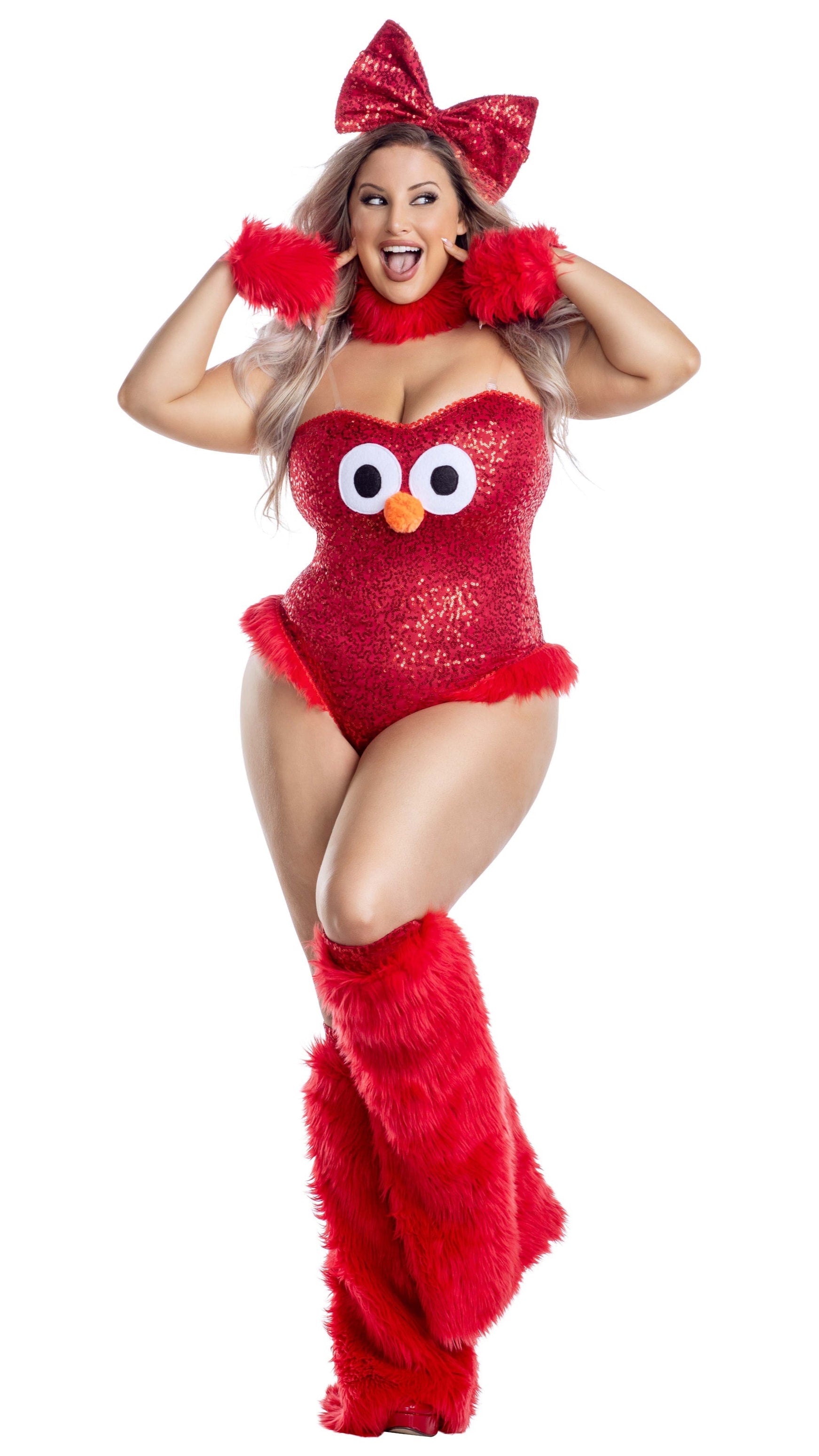Woman wearing Plus Size Friendly Street Creature red sequin teddy with matching furry leg warmers, headpiece, neckpiece, and wristlets, showcasing dance-inspired costume.