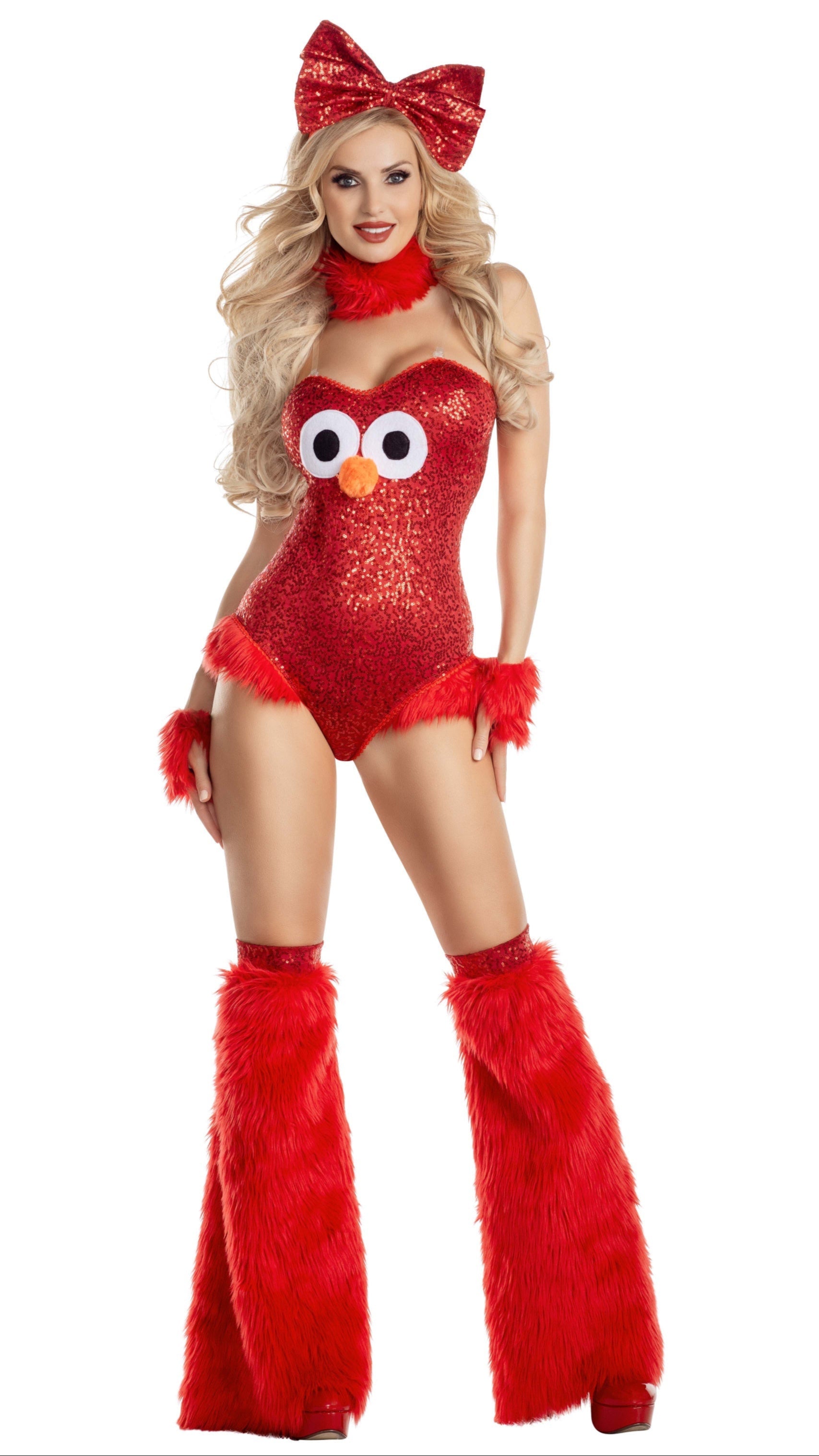 Friendly Street Creature costume featuring a red sequin teddy with fur accents, eye details, and matching furry accessories including leg warmers, headpiece, neckpiece, and wristlets.