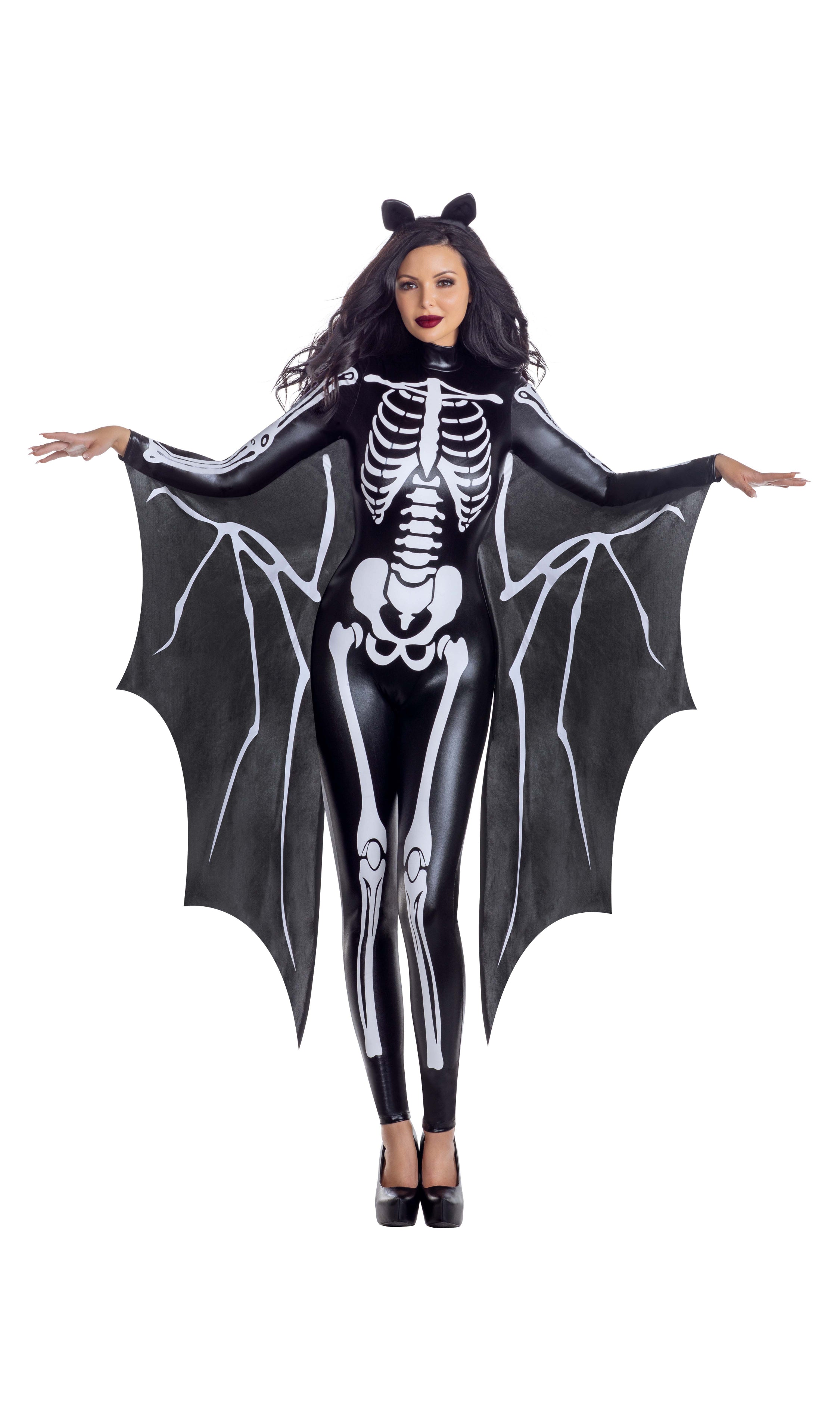 Close-up of a woman wearing the Battie Skeleton lamé bodysuit with attached bat wings, featuring a matching headpiece, emphasizing its unique fashion design.