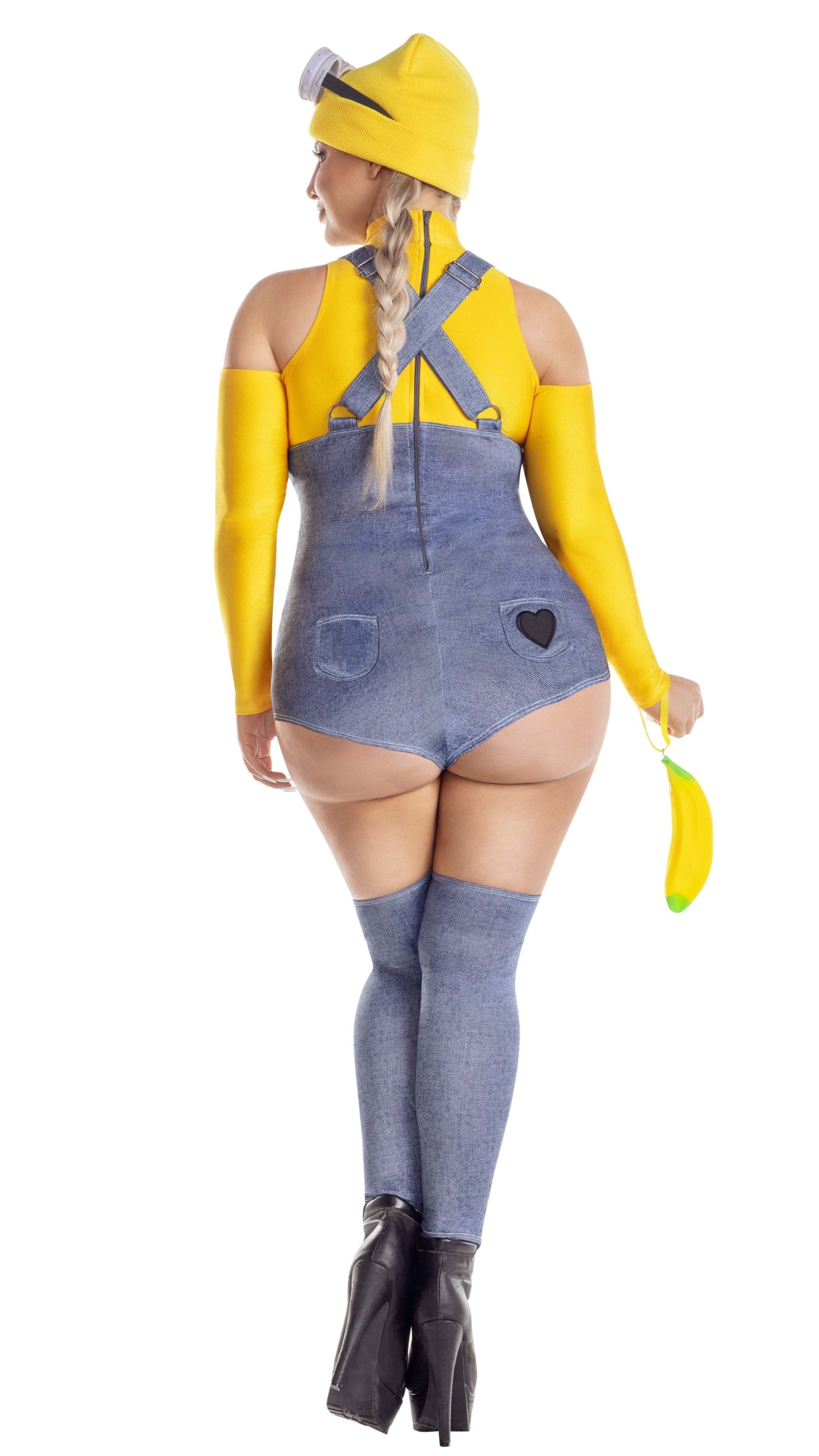 Close-up of Plus Size Yellow Henchbabe romper with cold-shoulder turtleneck, button accents, heart patches, matching leg warmers, beanie, and banana wristlet.