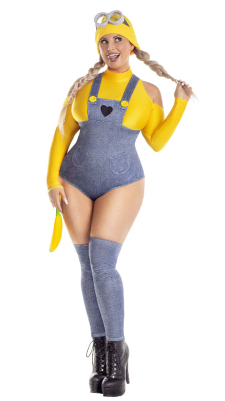 Woman wearing Plus Size Yellow Henchbabe romper with cold-shoulder turtle neck, button accents, heart patches, matching leg warmers, beanie, goggles, and banana wristlet.