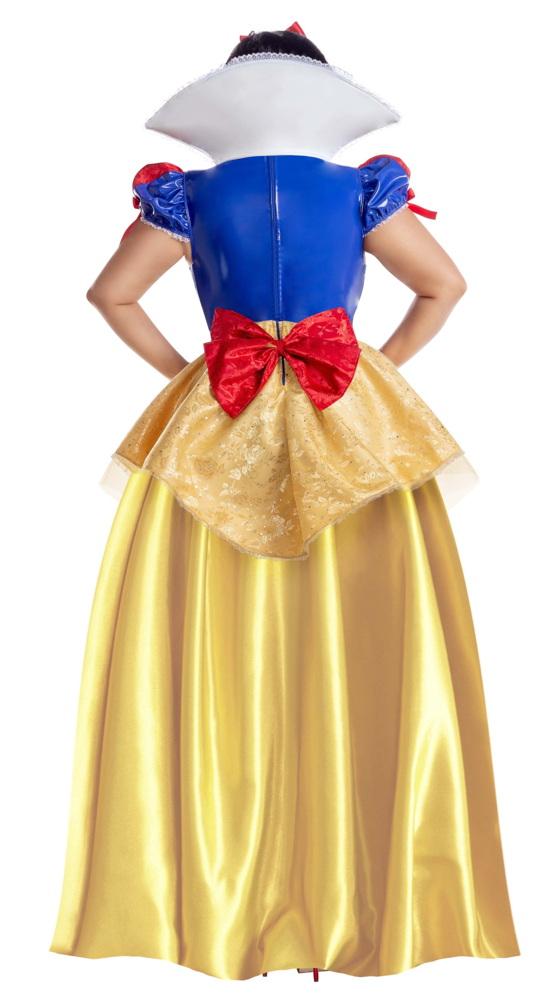 Plus Size Fairest Princess Dress featuring gold embroidery, ruffles, and bows, with a detachable collar and back bow, showcased by a woman.