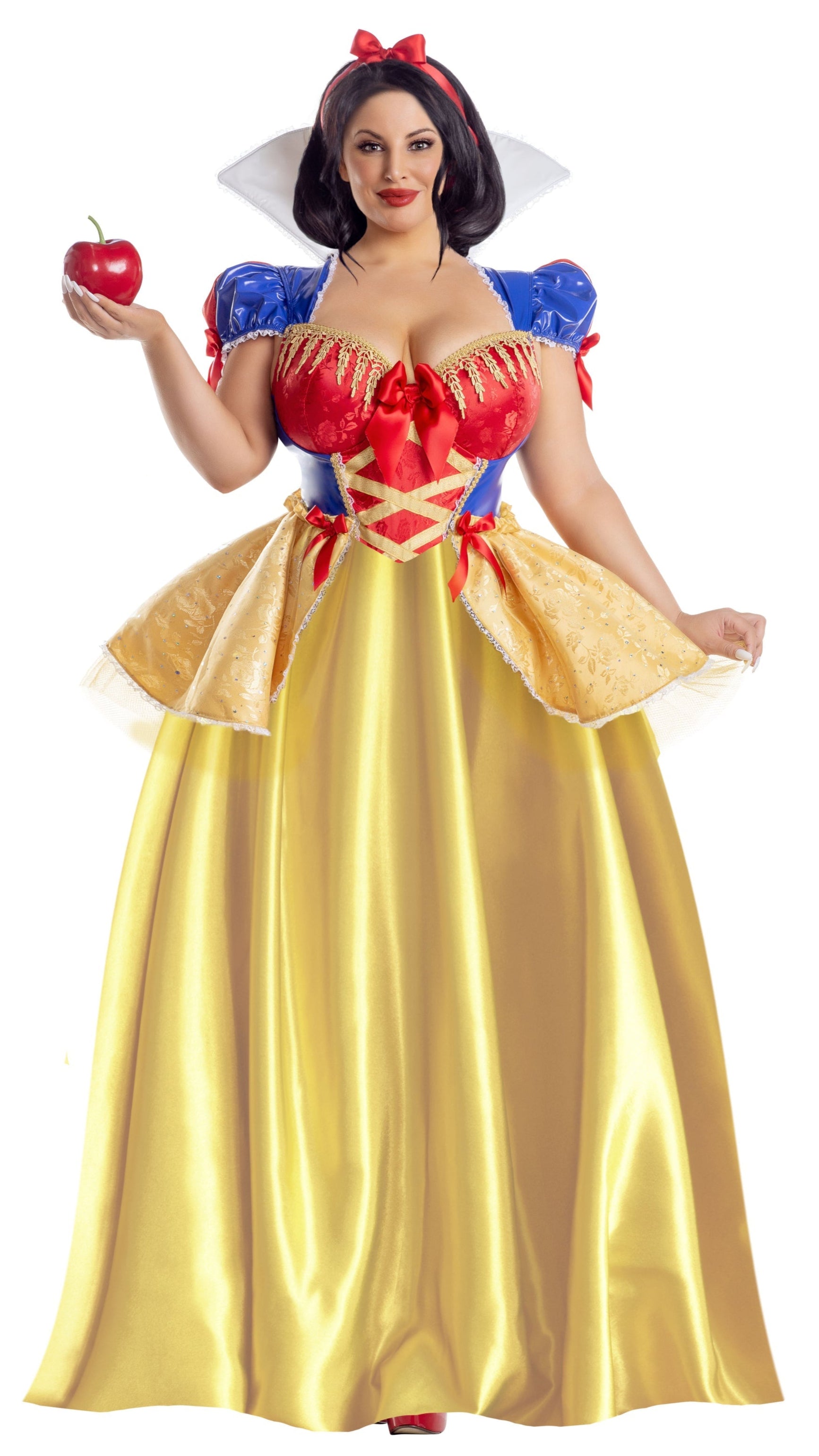 Woman in Plus Size Fairest Princess Dress with brocade and vinyl, featuring gold embroidery, bows, removable collar and bow, holding an apple.