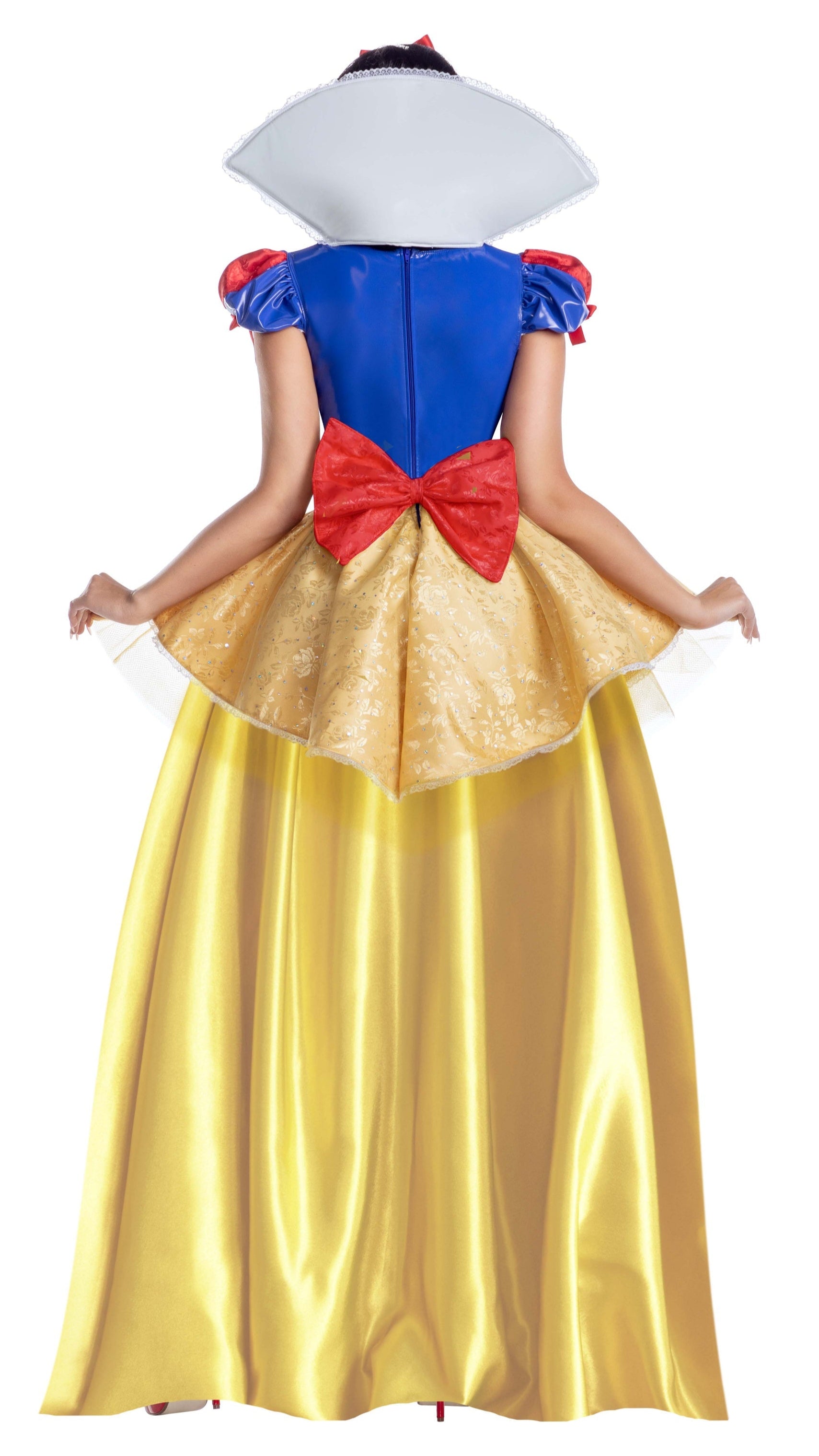 Fairest Princess Dress with gold embroidery, ruffles, and bows, featuring a removable white collar and back bow, complemented by a hair ribbon.