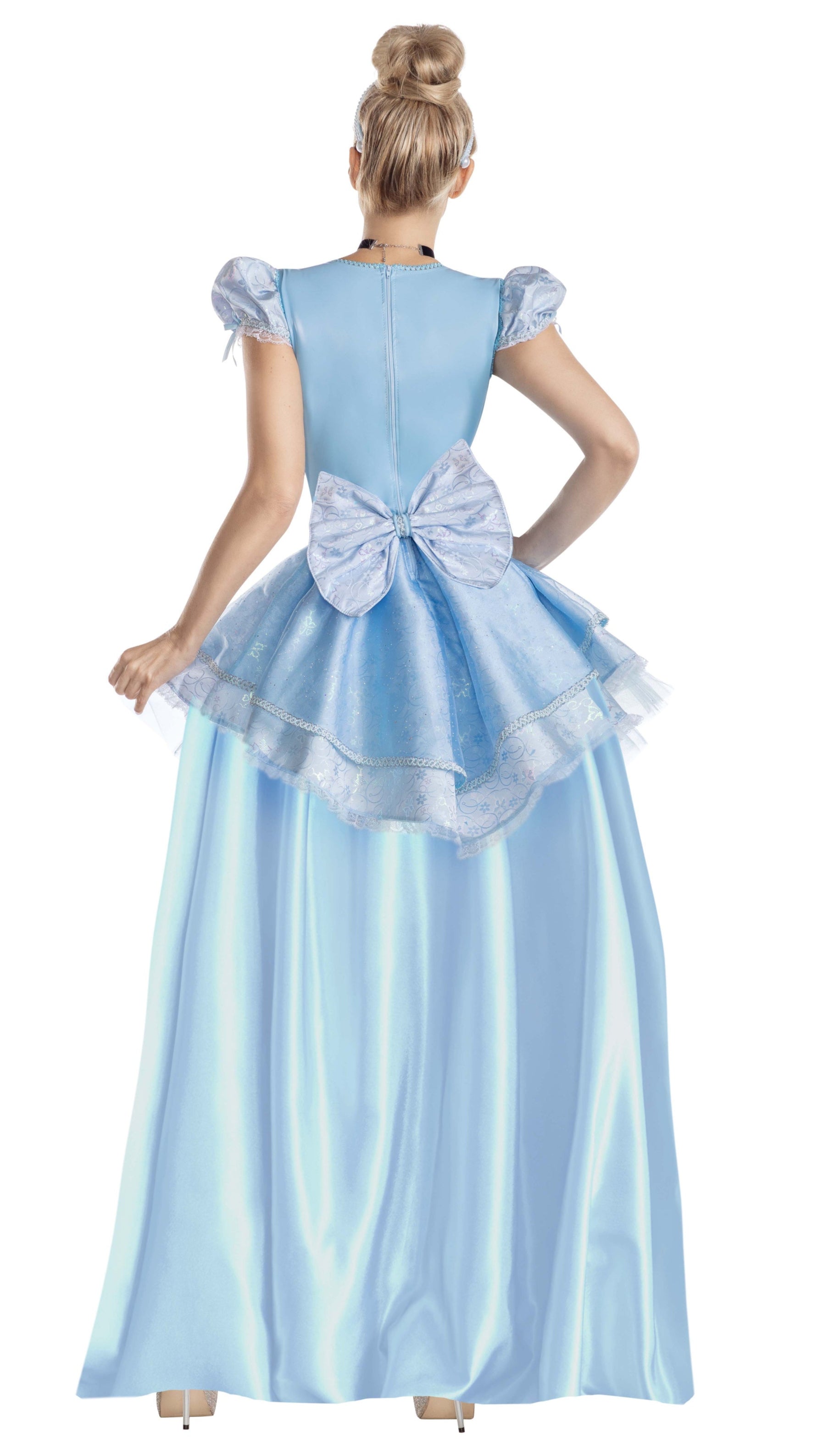Pumpkin by Midnight Princess Dress, featuring close-up details of bows, ruffles, and silver embroidery, showcased on a woman wearing the baby blue vinyl dress.