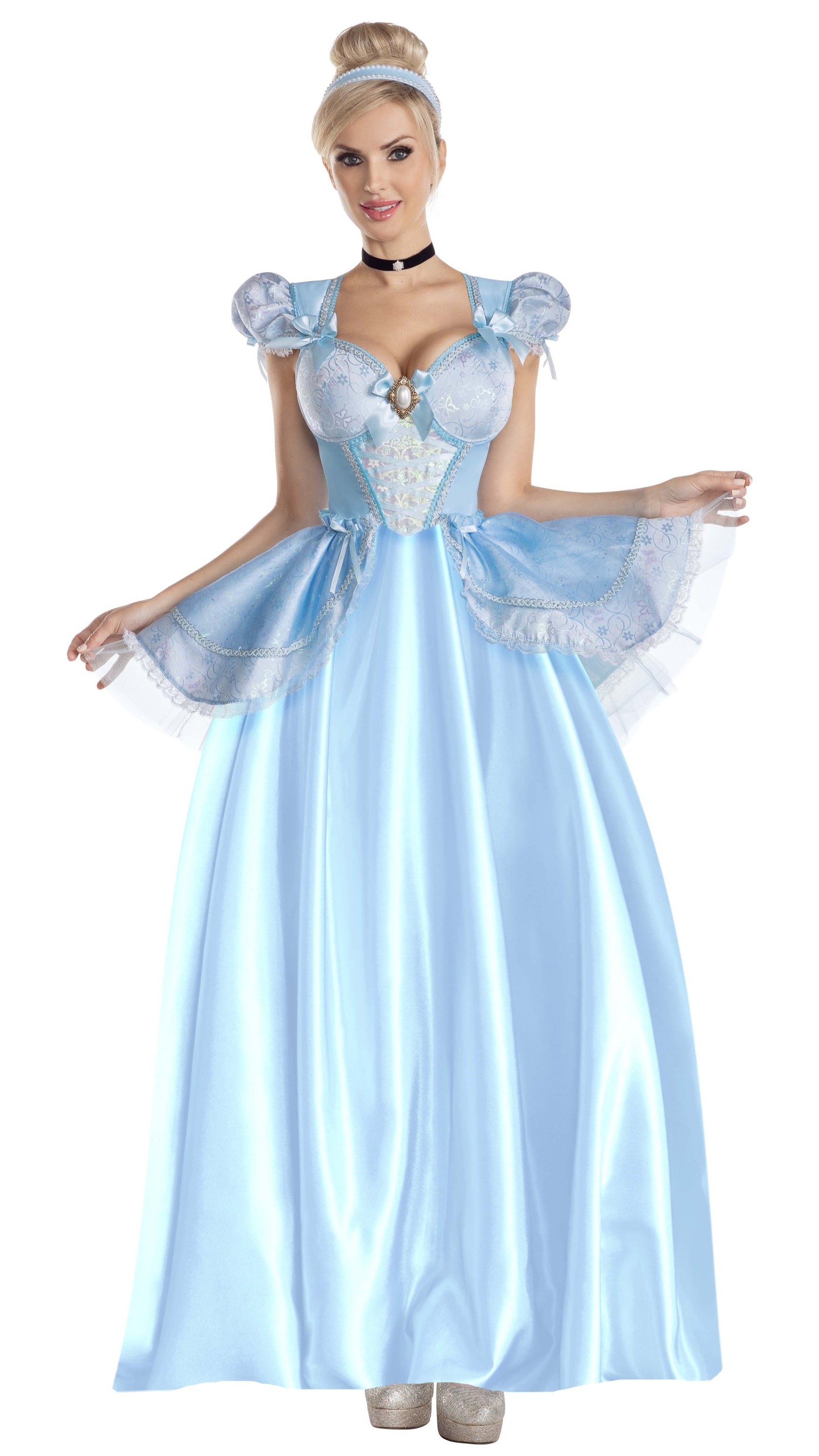 Pumpkin by Midnight Princess Dress: A vinyl gown with sparkle brocade details, silver embroidery, bows, matching neckpiece, removable bow, and headband.