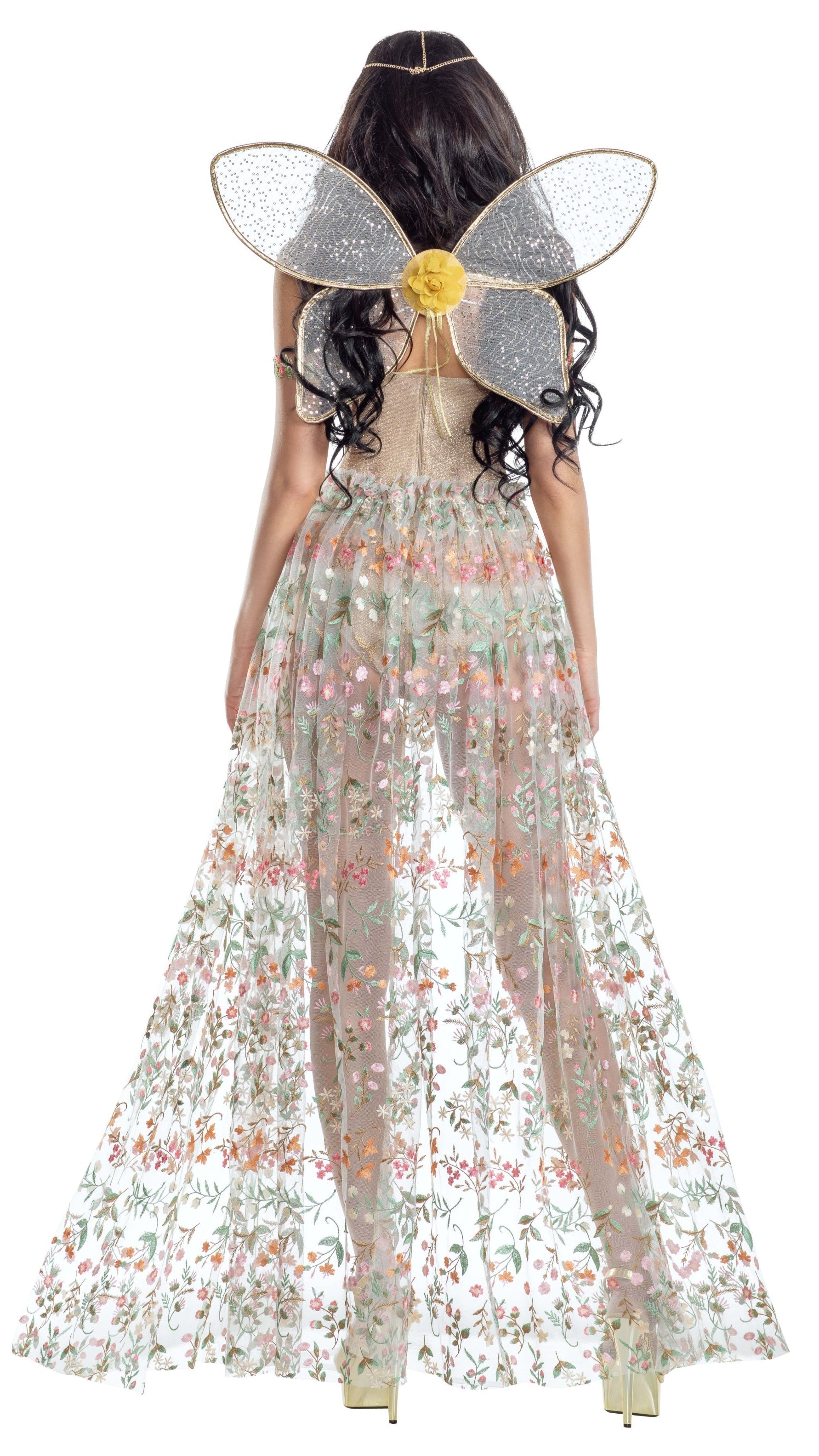 Woman wearing Woodland Nymph golden teddy featuring floral embroidery skirt, sheer front panel, floral trim, and garters, with matching wings and headpiece.