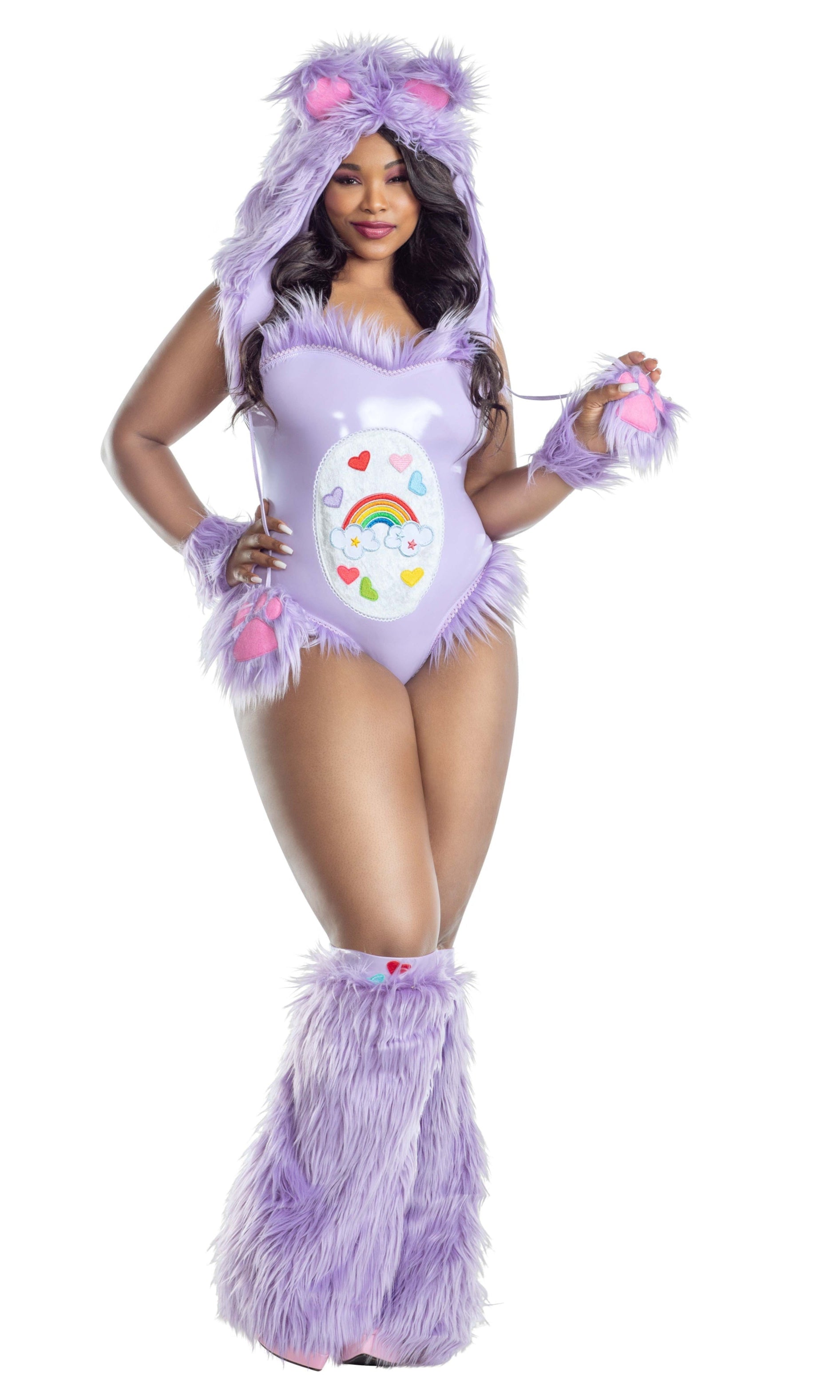 Woman wearing Plus Size Purple Care Creature vinyl teddy with tummy appliqué, faux-fur accents, matching leg warmers, and hooded headpiece with ears and pom-poms.