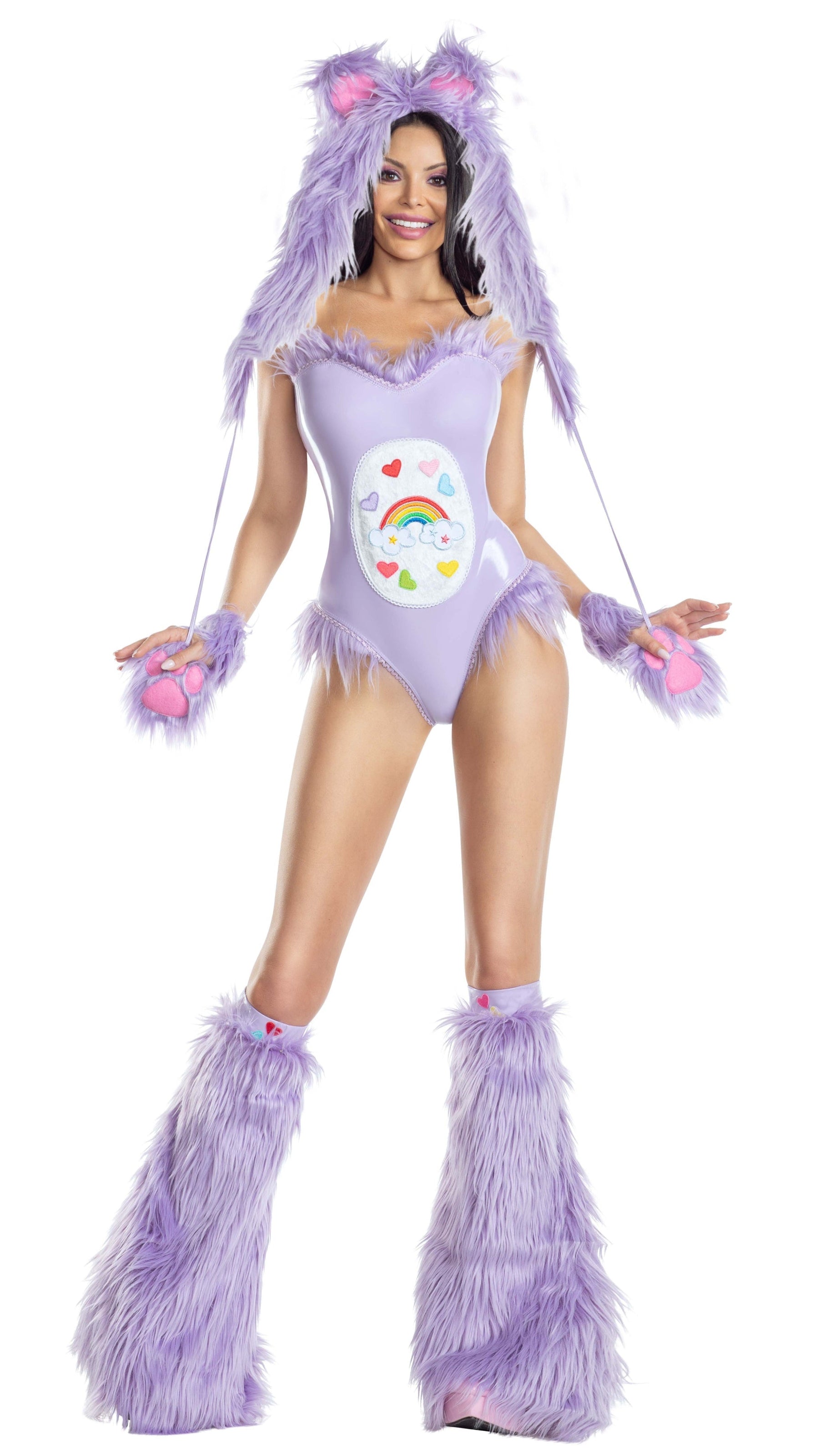 Purple Care Creature teddy with tummy appliqué, faux-fur accents, matching leg warmers, and hooded headpiece featuring ears and paw-detail pom-poms.