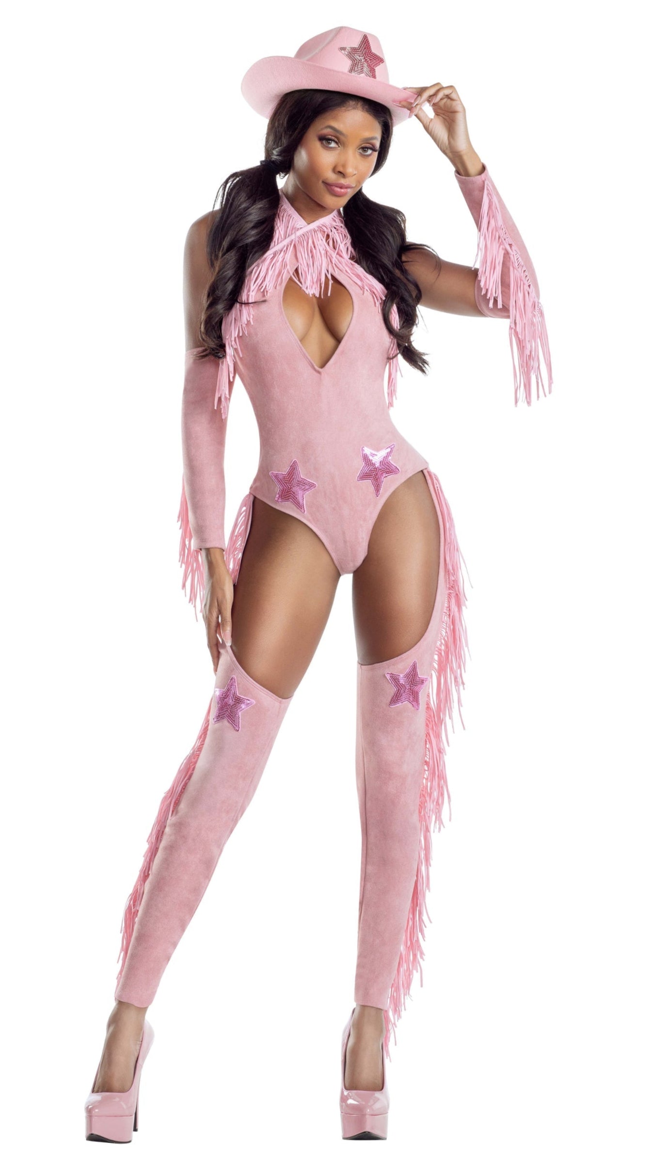 Rosé Cowgirl ensemble featuring a faux-suede teddy with sequin stars, removable fringe chaps, matching arm pieces, and a pink cowboy hat.