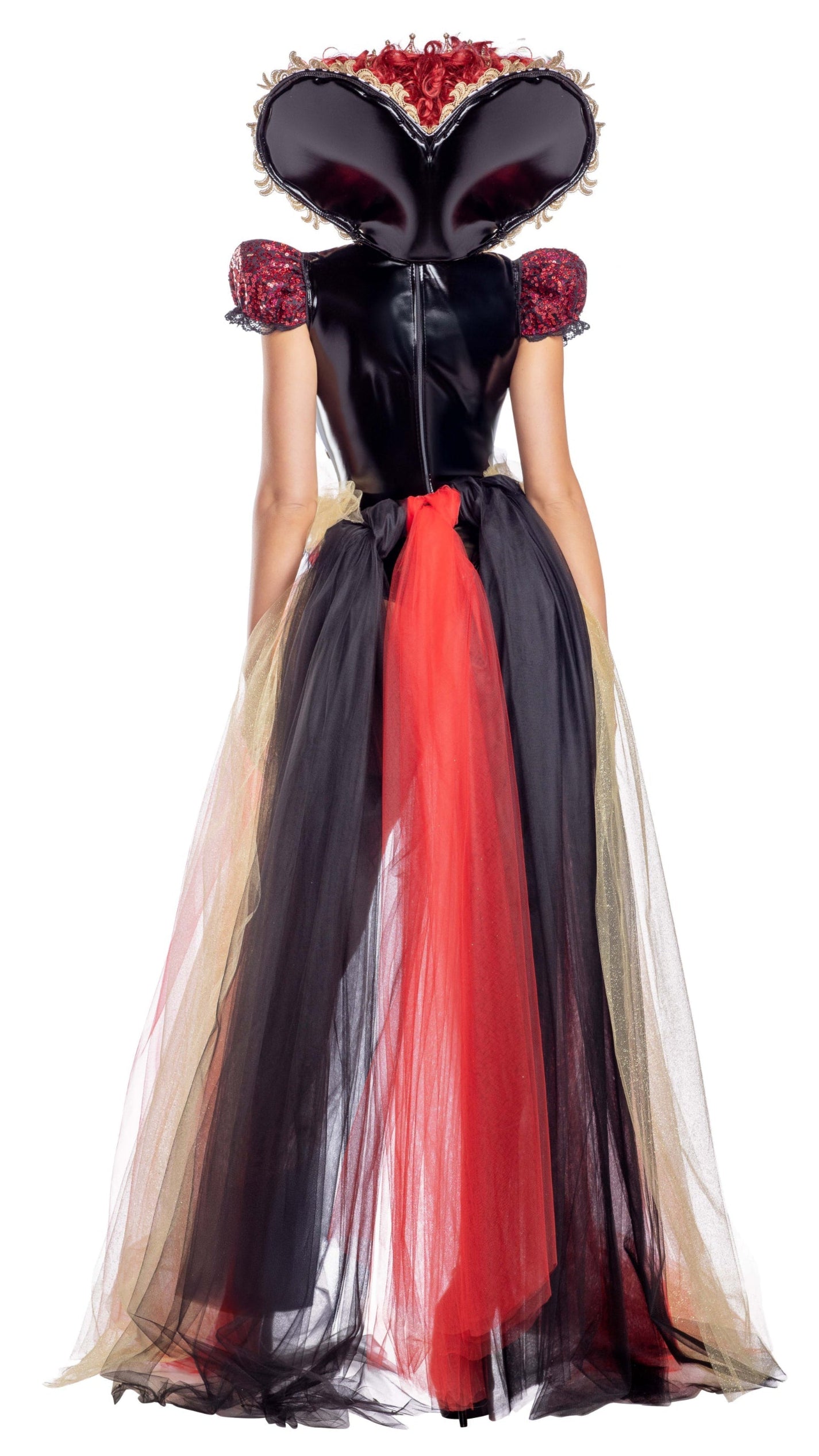 Heartthrob Queen black vinyl teddy with sequin heart panel, gold embroidery, lace detailing, and matching crown. Features removable collar and skirt with heart rhinestone detail.