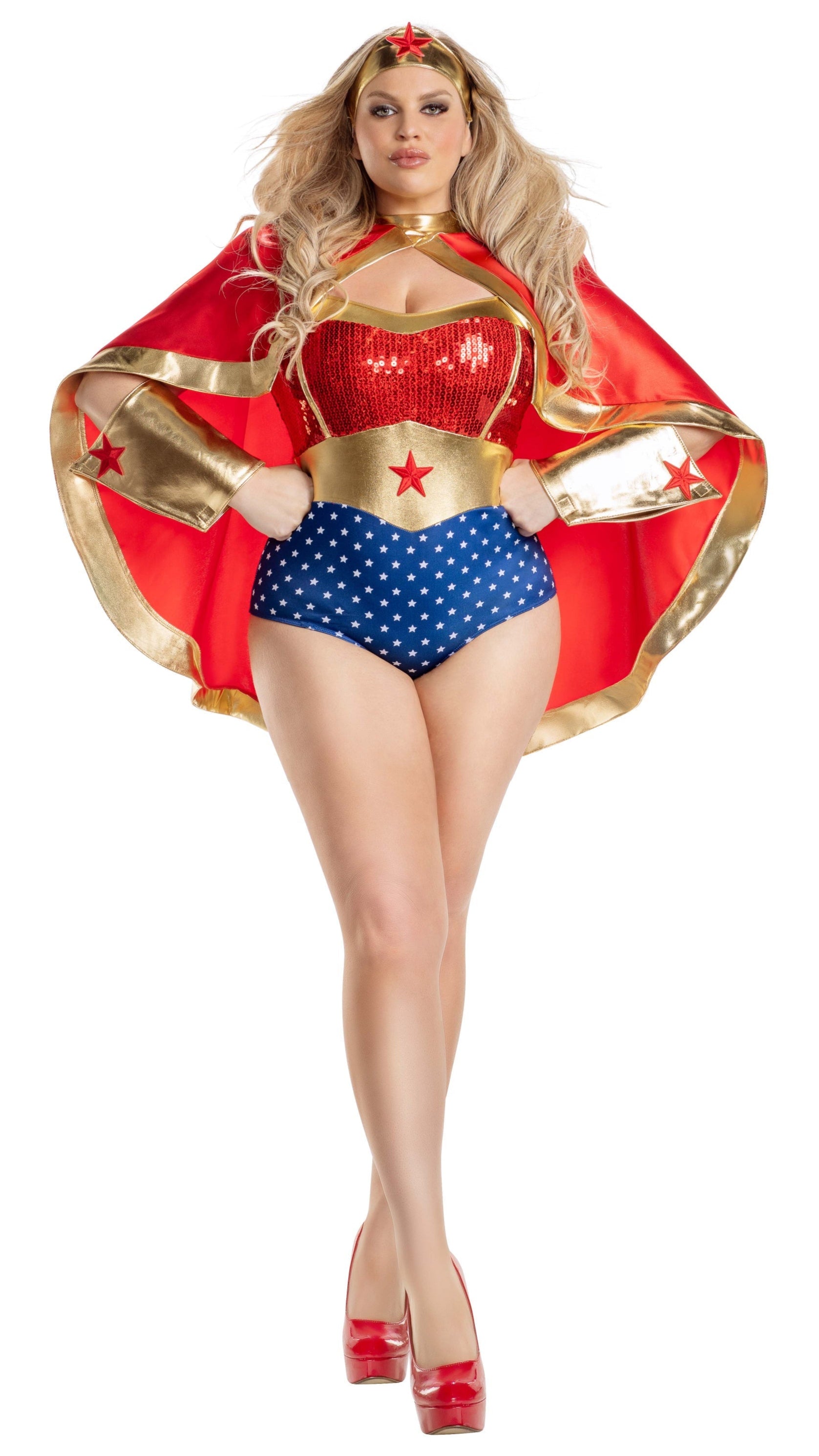 Woman wearing the Plus Size Wonderful Babe teddy with sequin details, gold lamé accents, star print, wrist cuffs, headpiece, and a removable cape.