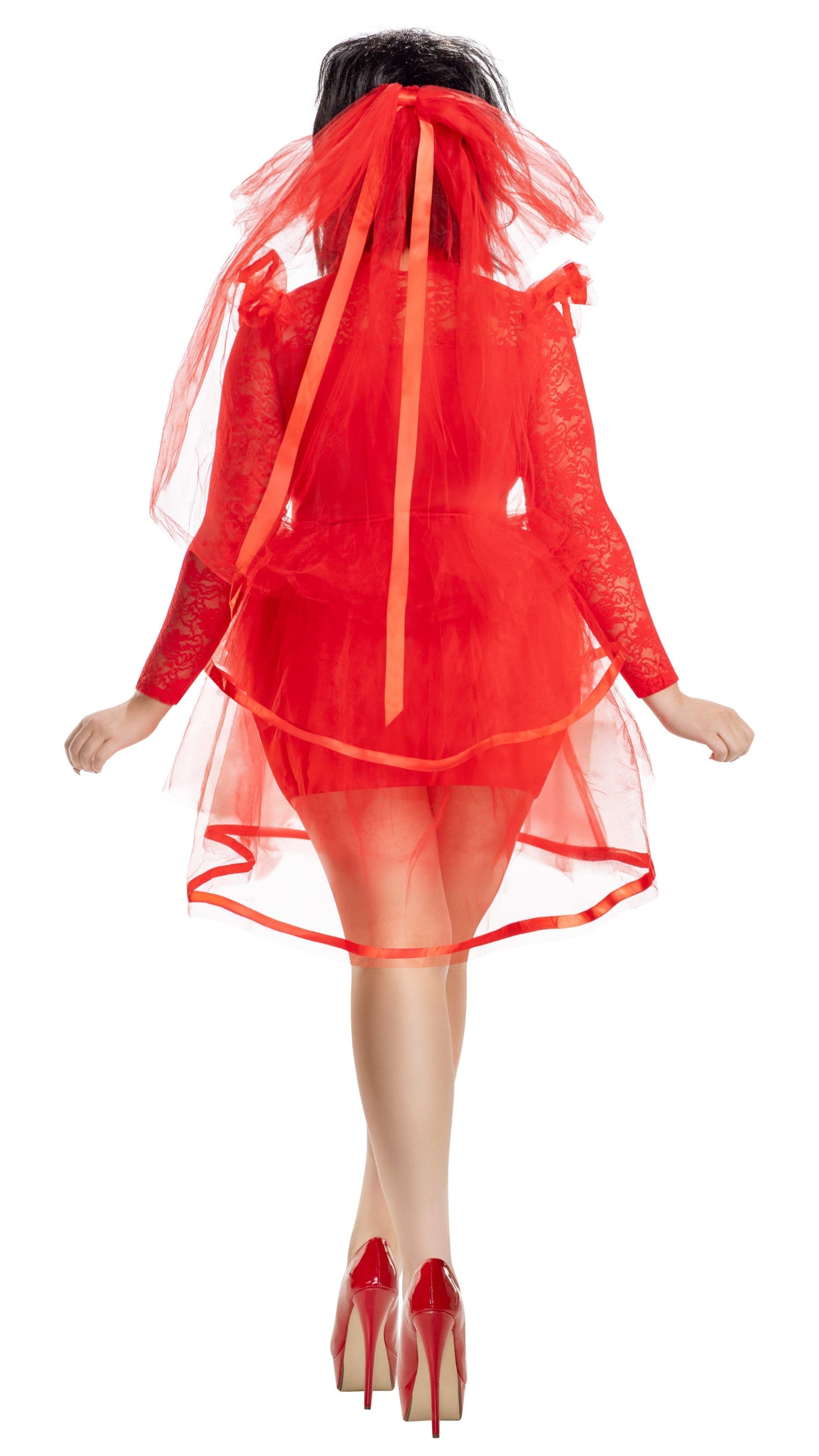 Close-up of Plus Size Beetle Bride red high-heeled shoes, part of a costume ensemble with lace sleeves, tulle ruffles, and ribbon details.