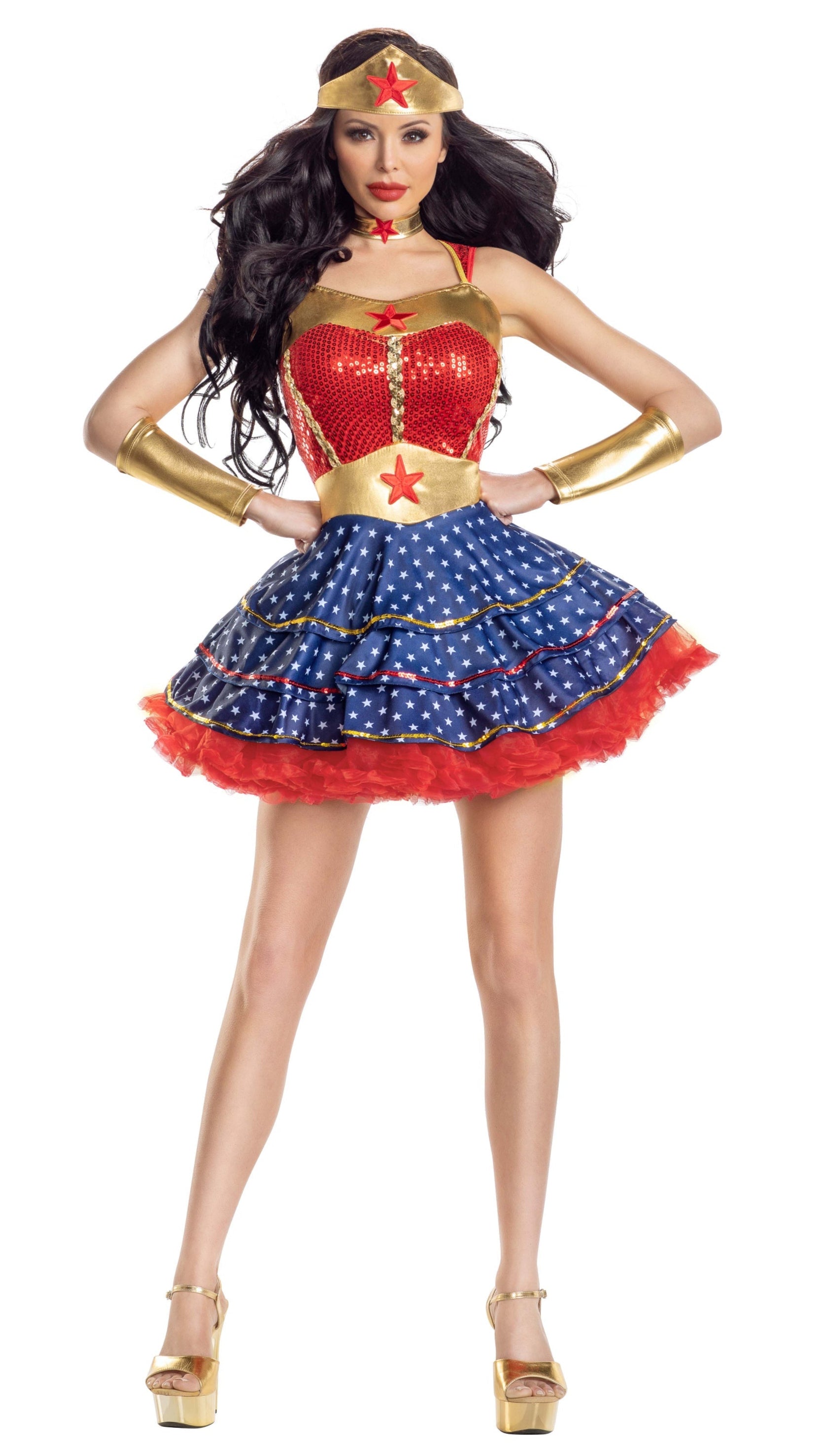 Model wearing the Wonderful Sweetheart ruffled dress with sequin accents, gold lamé, red star patches, matching headpiece, and wrist cuffs. Petticoat not included.