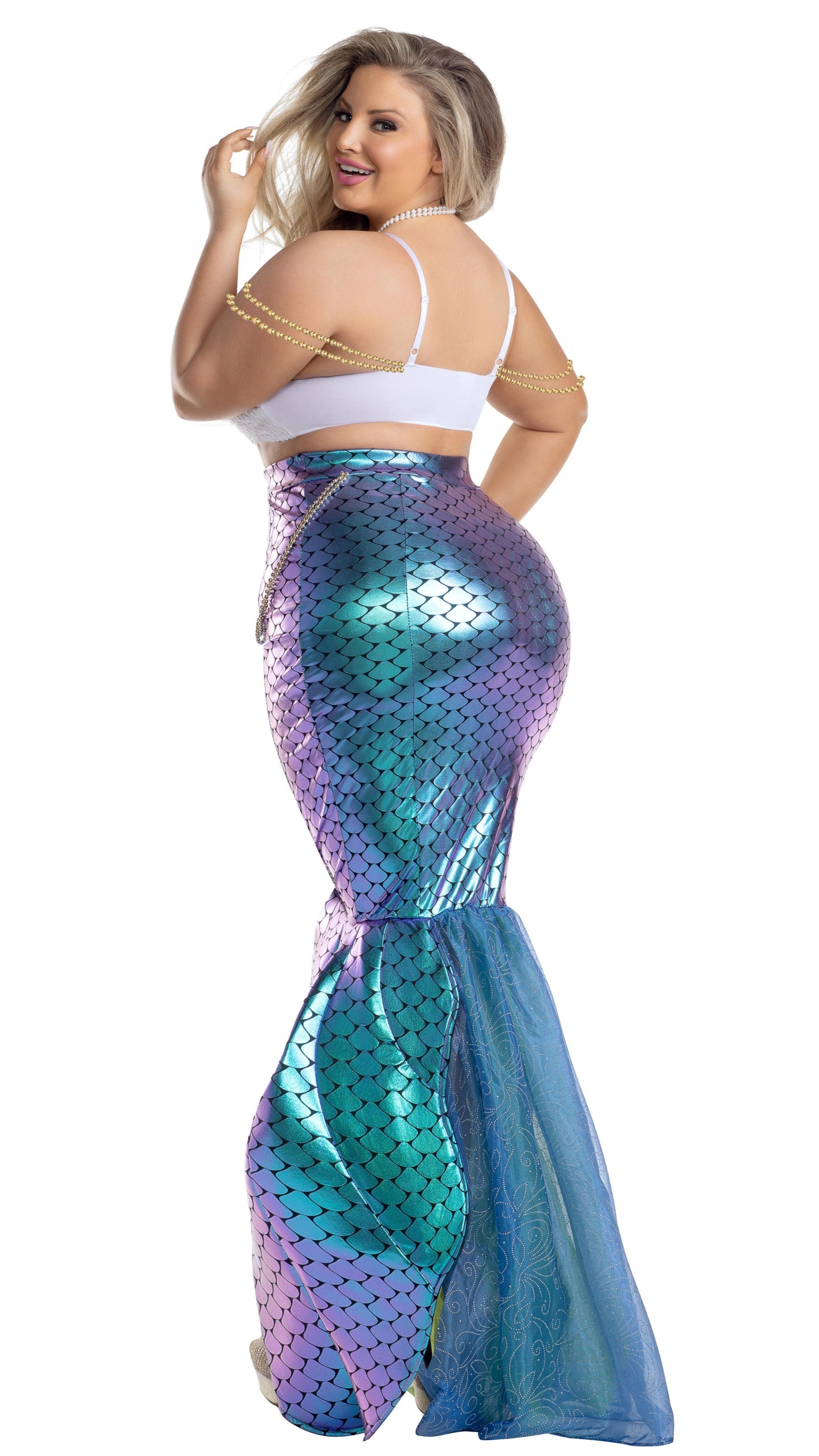 Plus Size Under the Sea Mermaid features an iridescent mermaid skirt and a white sequin bra with pearl details, worn by a model.