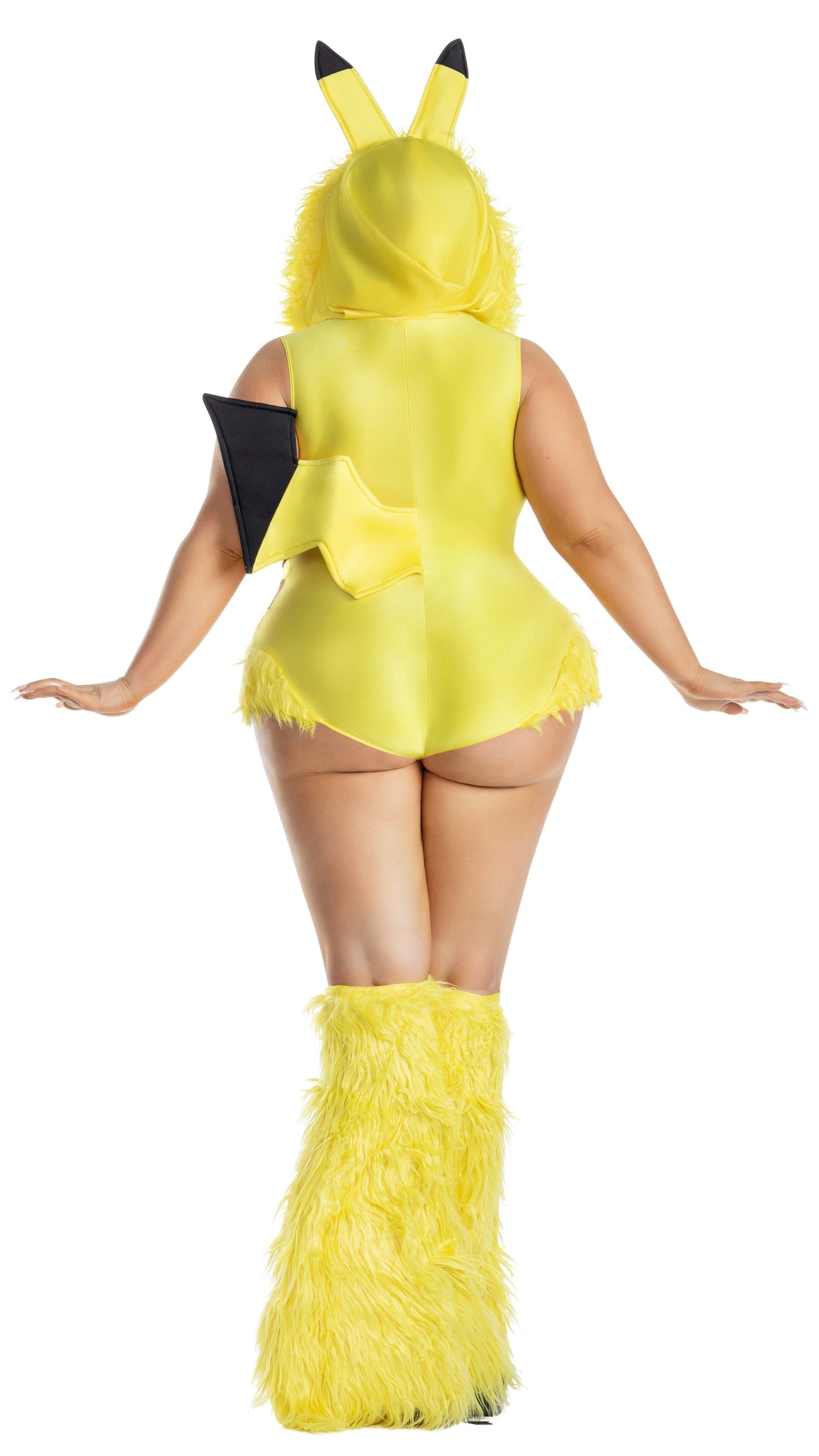 Plus Size Collectible Animé Cutie bodysuit with fur-trimmed hood, brown stripes, lightning bolt tail, and matching furry boot covers, worn by a model.
