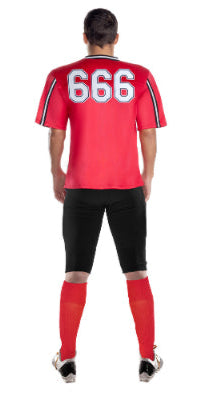 Person wearing Hellbent Football Player jersey with pentagram patches and 666 on chest, paired with red socks and black shorts.