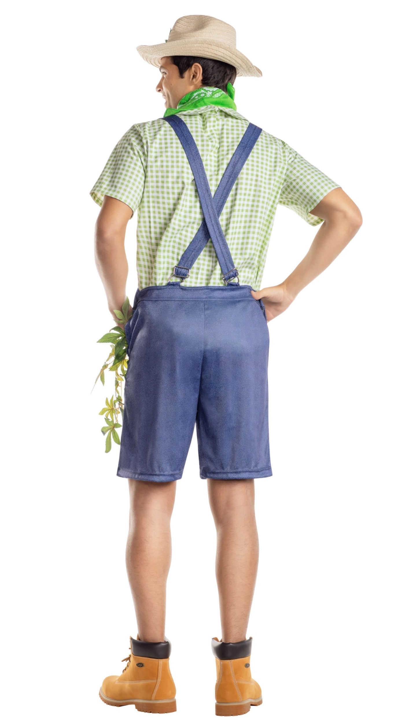 Men's Feelgood Farmer shorts overalls featuring green and white gingham details, shown with accompanying gingham shirt and accessories like a hat and bandana.