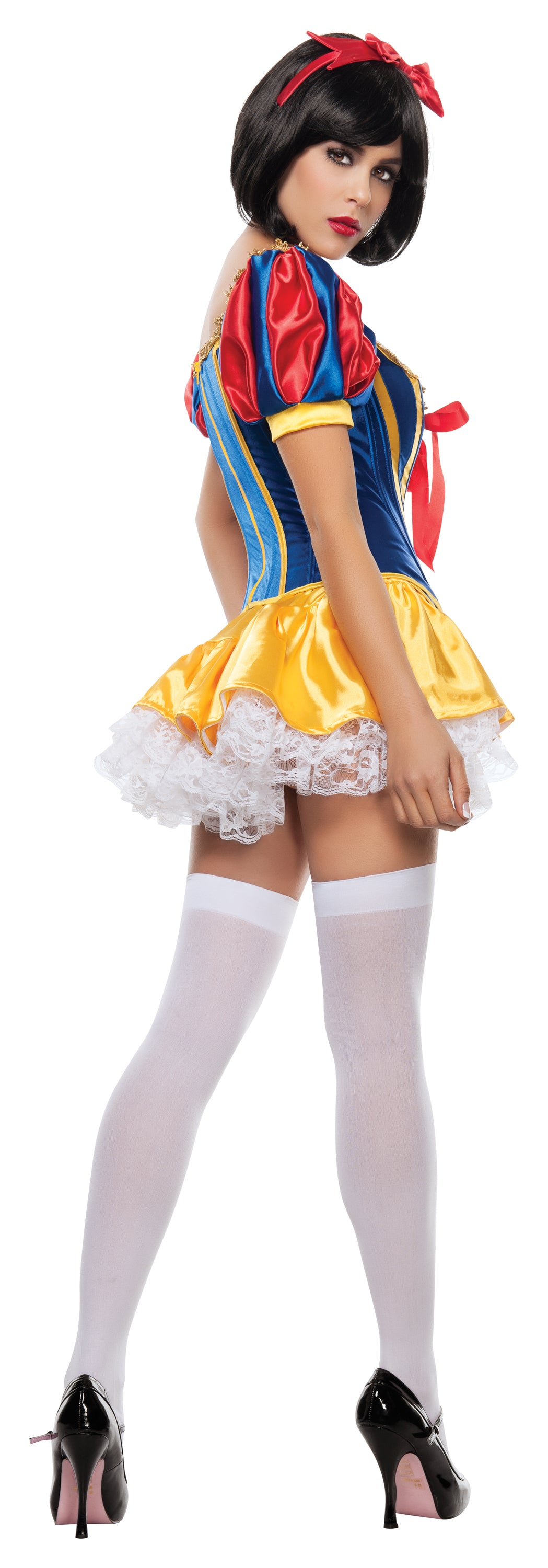 Multicolor fairy tale Snow White costume: blue/red bodice, yellow skirt, lace hem, bow