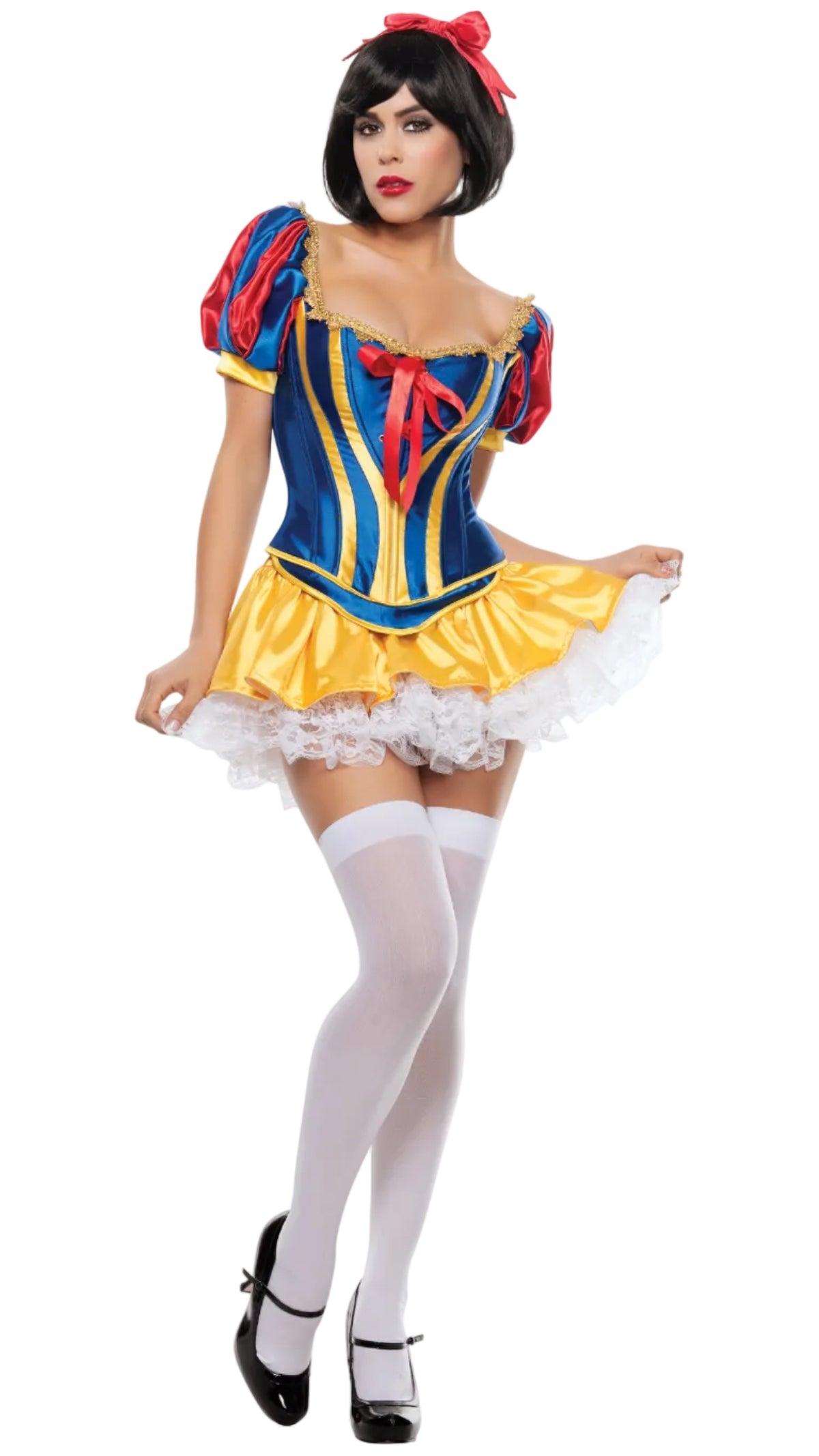 Snow White fairy tale costume with ruffled sleeves, blue/red dress, white lace skirt, bow