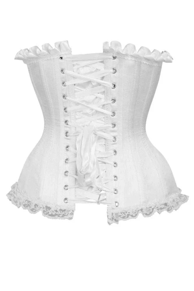 Top Drawer White Satin Steel Boned Burlesque Corset features a white, lace-trimmed design with an under-bust structure, front lace-up closure, and ruffled edges, showcasing boning channels for a sculpted silhouette.