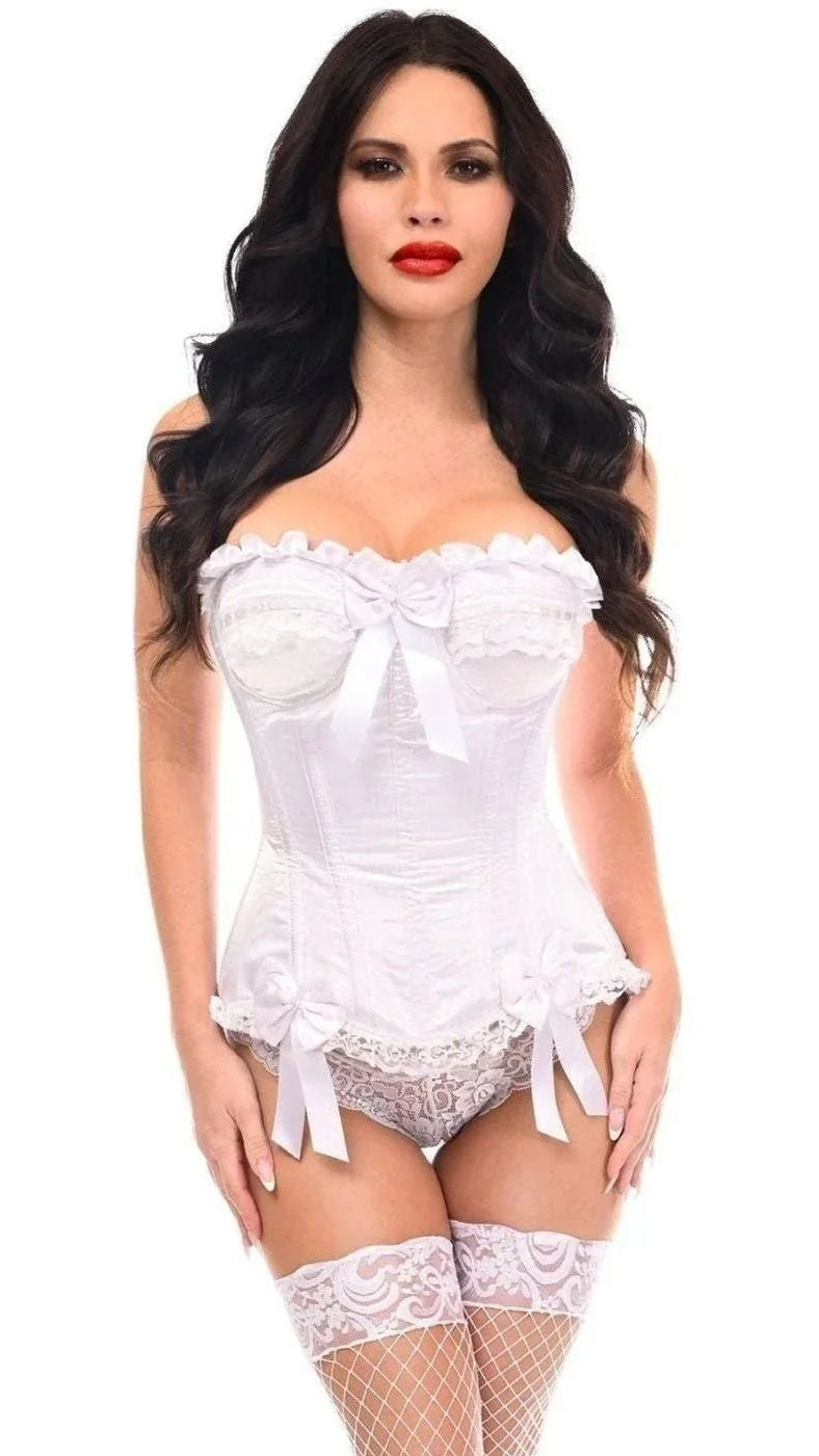 Model wears the Top Drawer White Satin Steel Boned Burlesque Corset, featuring lace trim, underwire cups, spiral and flat steel boning, and a lace-up back, paired with matching lingerie and thigh-high stockings.