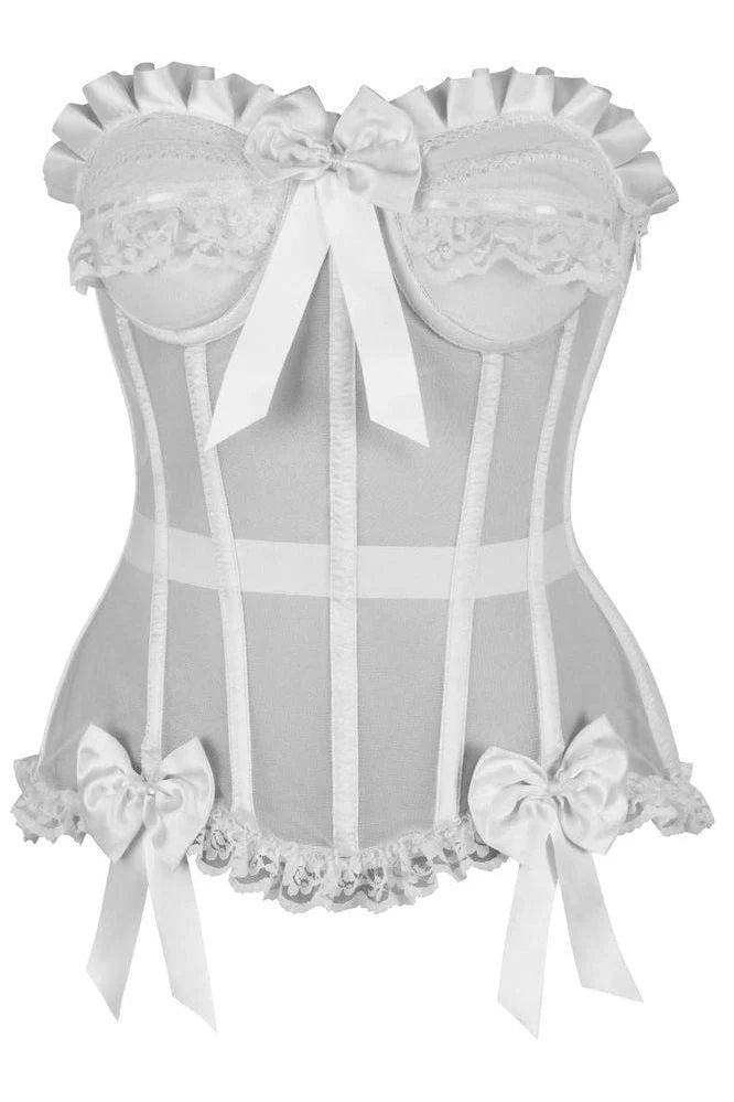 Top Drawer Steel Boned White Mesh Underwire Bustier Corset with structured boning, scalloped lace trim, decorative satin bows, underwire padded cups, side zipper, and lace-up back for cinching.