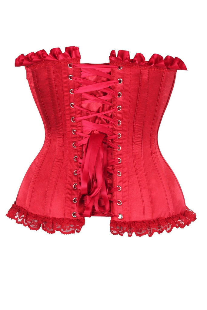 Top Drawer Dark Red Satin Steel Boned Burlesque Corset with lace trim, underwire cups, and ribbon lacing. Features spiral steel boning and a hidden side zipper for a sleek silhouette.