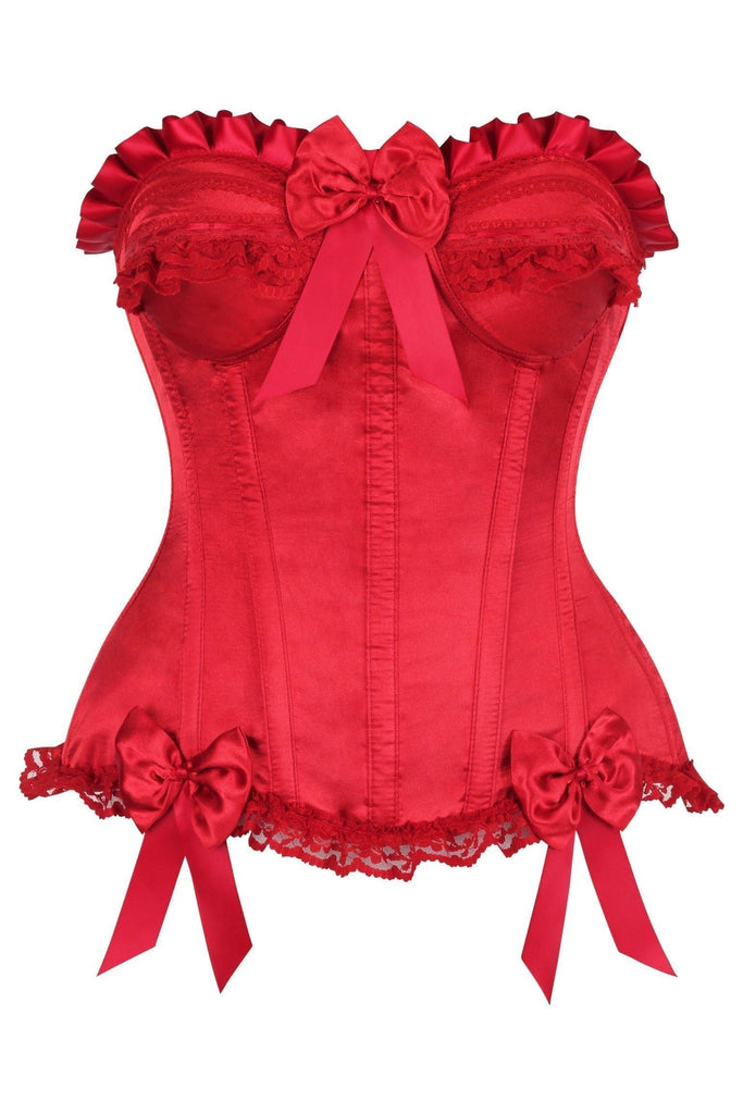 Top Drawer Dark Red Satin Steel Boned Burlesque Corset featuring a strapless design, lace trim, and decorative bows. It includes underwire cups, side zipper, spiral steel boning, and a lace-up back for cinching.