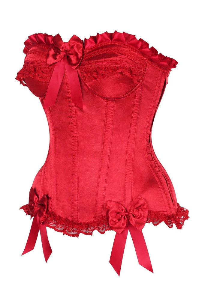 Top Drawer Dark Red Satin Steel Boned Burlesque Corset features a strapless design, satiny finish, lace trim, decorative ribbon bows, underwire cups, and lace-up back for cinching.