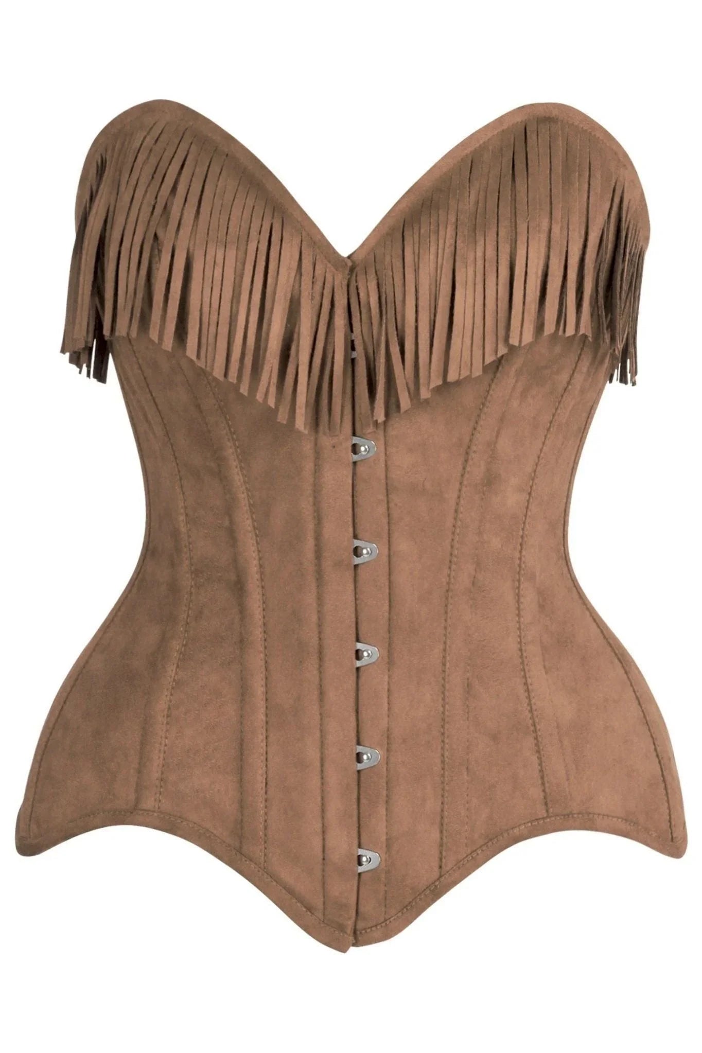 Top Drawer Tan Suede Steel Boned Overbust Corset w/Fringe features a strapless, sweetheart neckline with fringe, vertical panel design, metal busk closure, and angled hem for an hourglass silhouette.