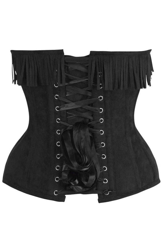 Top Drawer Black Suede Steel Boned Overbust Corset w/Fringe, featuring an off-the-shoulder design, metal grommets with lace-up closure, and a straight neckline with fringe, accentuating a fitted waist.