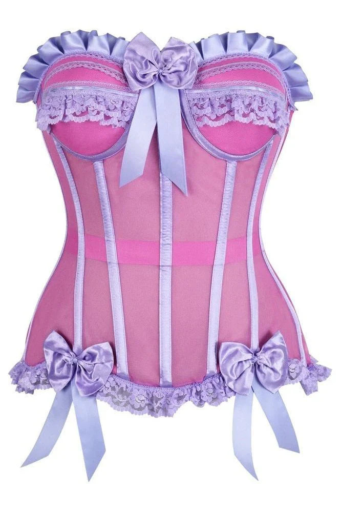 Top Drawer Steel Boned Pink/Purple Mesh Underwire Bustier Corset featuring pink mesh, lavender satin trim, lace ruffles, and bows. Includes underwire padded cups, side zipper, waist tape, and lace-up back.