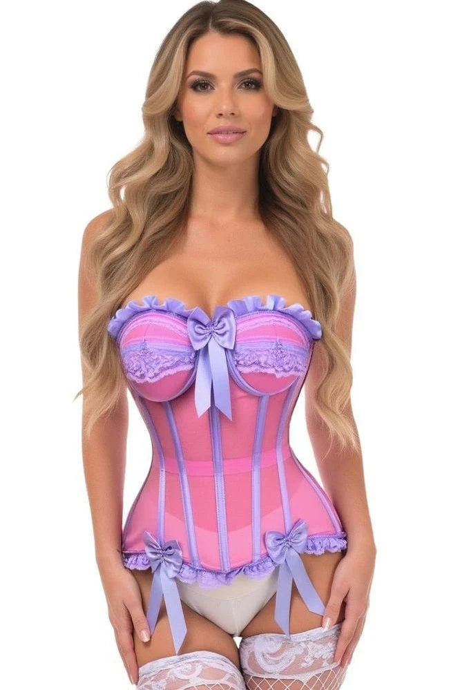 Model wearing the Top Drawer Steel Boned Pink/Purple Mesh Underwire Bustier Corset with decorative bows, lace trim, and thigh-high stockings. Features include a side zipper, lace-up back, and steel boning.