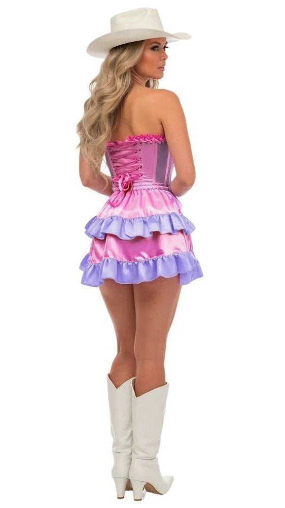 Top Drawer 2 PC Steel Boned Purple/Pink Mesh Underwire Bustier Corset & Skirt Set seen from behind on a model, featuring a lace-up corset back, ruffled mini-skirt, cowboy hat, and boots.
