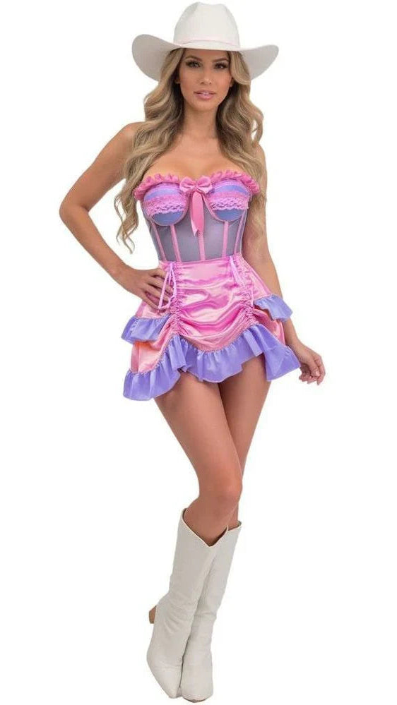Woman models the Top Drawer 2 PC Steel Boned Purple/Pink Mesh Underwire Bustier Corset & Skirt Set with a strapless corset mini dress, white cowboy hat, and knee-high boots.