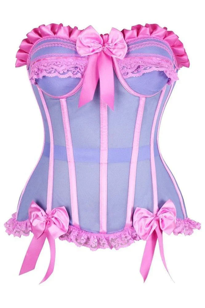 Top Drawer Steel Boned Purple/Pink Mesh Underwire Bustier Corset featuring strapless design, pink lace ruffles, satin piping, large satin bows, padded cups, side zipper, waist tape, steel boning, and lace-up back.